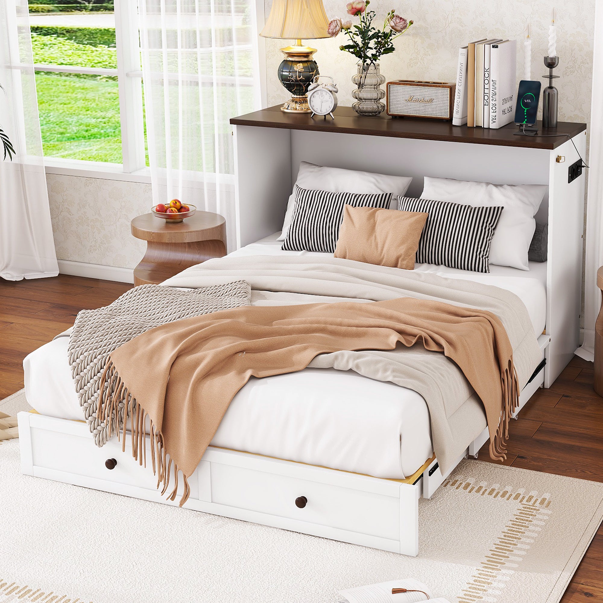 Lit escamotable 140 x 200 cm avec 2 tiroirs et étagère en tête de lit - Bois de pin et MDF - Prise USB - Blanc - 3