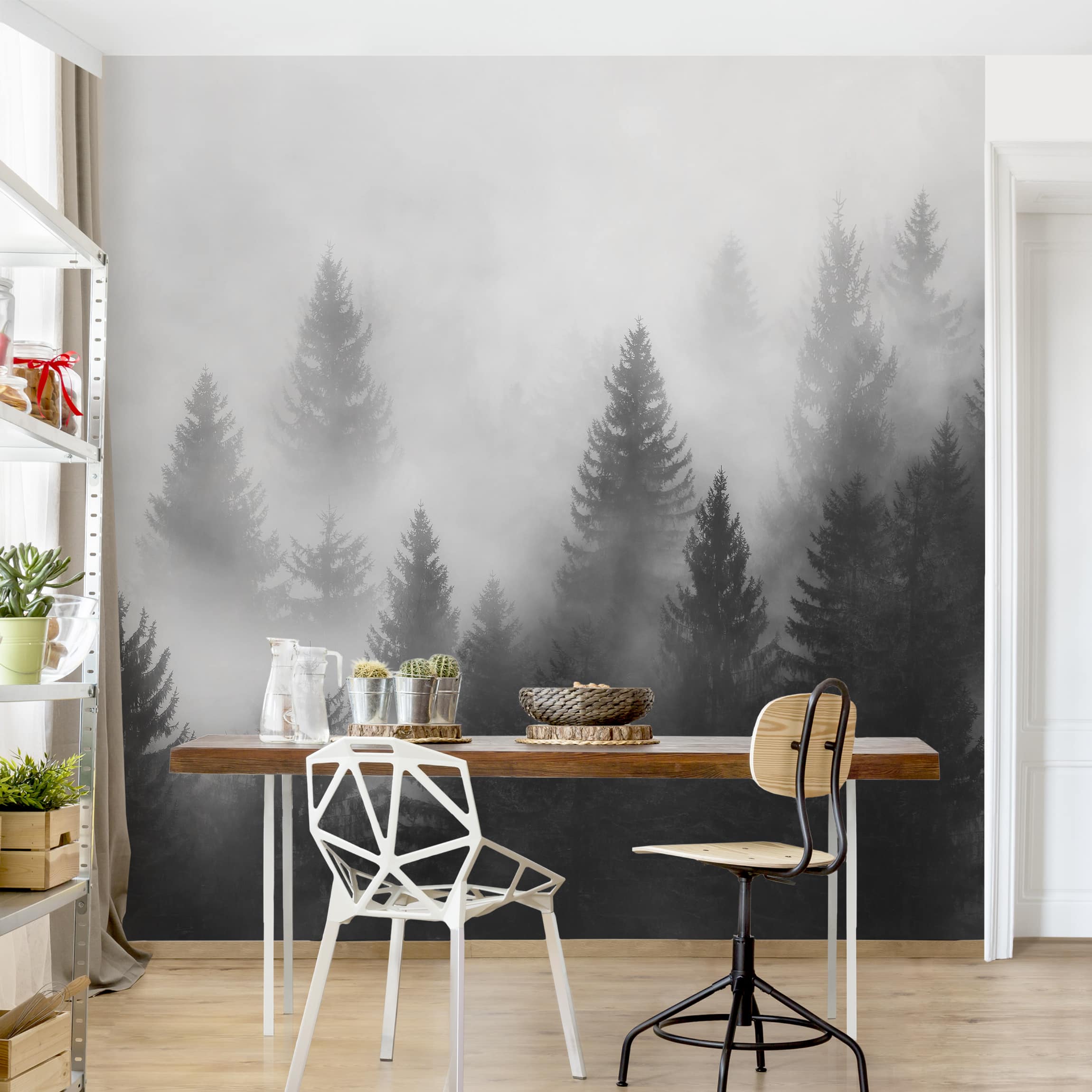 Papel pintado fotomural naturaleza bosque de coníferas en la niebla 230 - salón dormitorio cocina - tnt 240 x 240 cm adhesivo