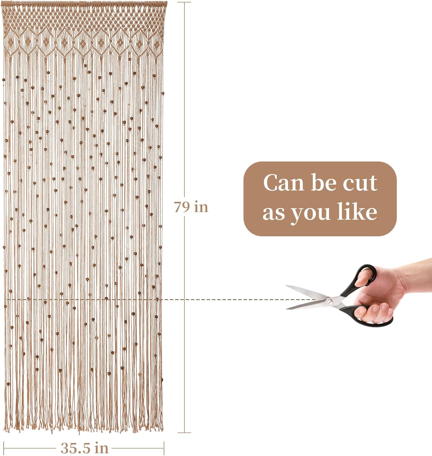 Rideau de perles bohème en macramé fait à la main avec perles en bois pour fenêtre, porte, 200 x 91 cm (L x l), blanc - 7