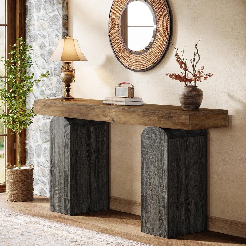 Stolik konsolowy Tribesigns 160 cm z zakrzywionymi nogami – elegancki styl rustykalny do przedpokoju i salonu, vintage'owy brązowo-szary design