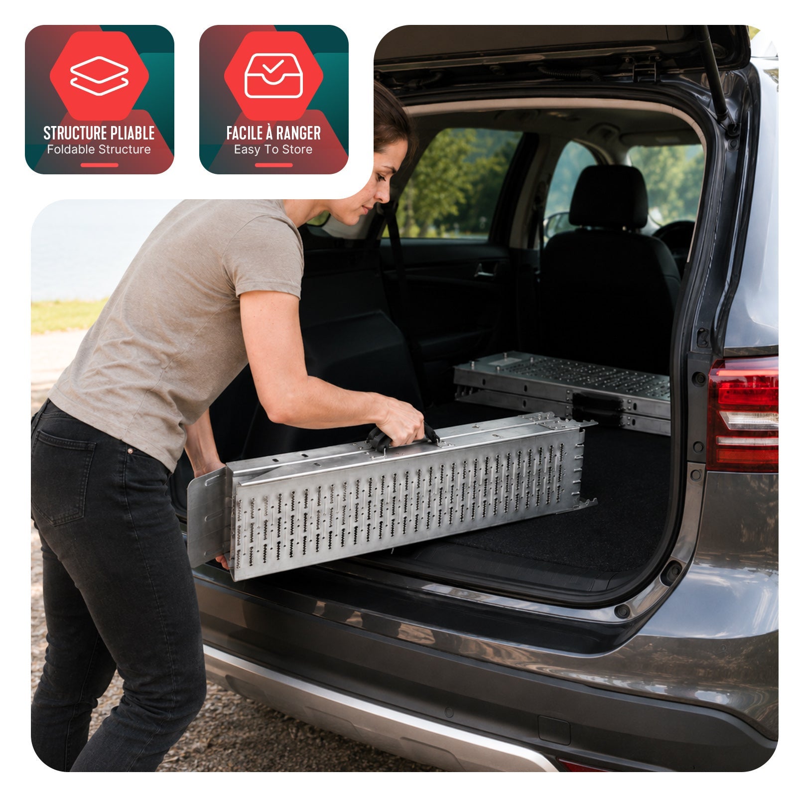 Lot de 2 Rampes de chargement pliable 160cm en acier galvanisé - 400kg max - Rampe d'accès antidérapante avec poignée - VOUNOT® - 6