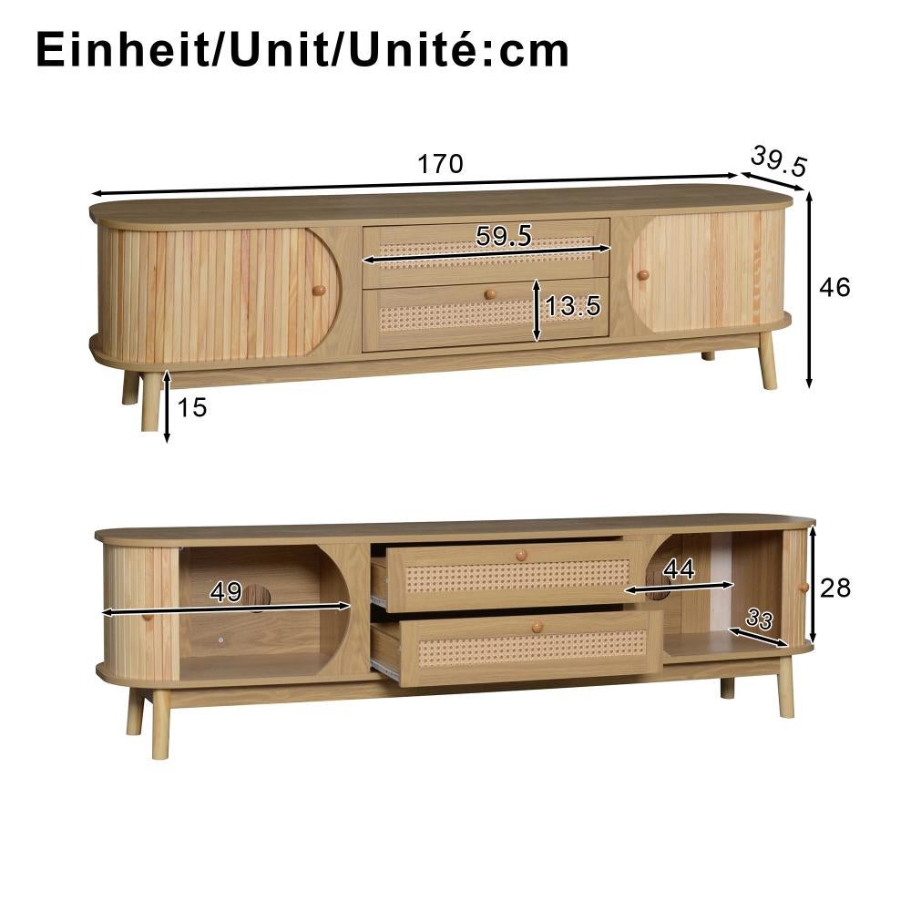 Mebel pod telewizor z litego drewna naturalnego z drzwiami i szufladami z rattanu – elegancki rustykalny design i praktyczne przechowywanie - 5