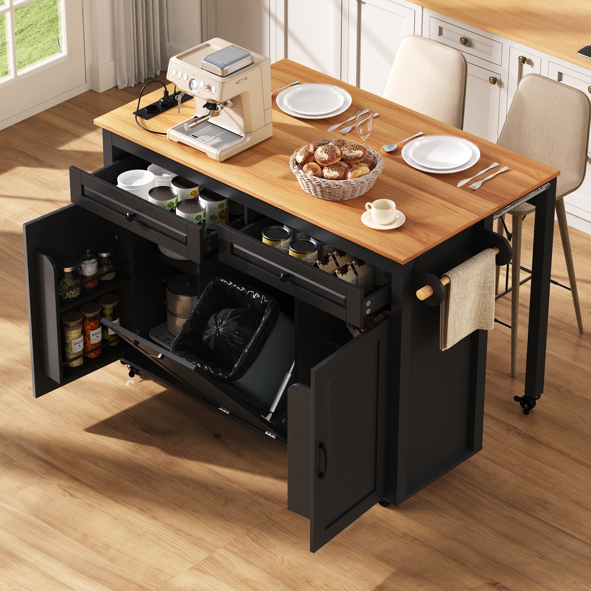 Isla de cocina móvil central 120x40x92cm - encimera extensible - con toma de corriente - espacio de almacenamiento multifuncional - negro