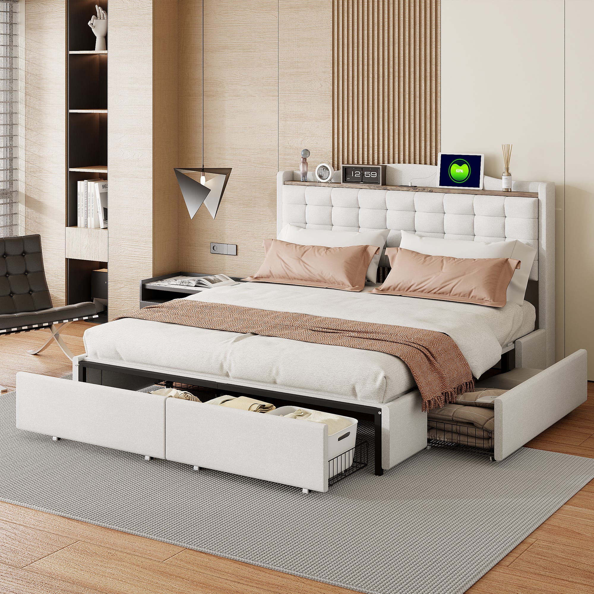 Lit A Rangement Lit avec rangement 160x200 cm , Lit Double avec Table de Chevet et 4 ...