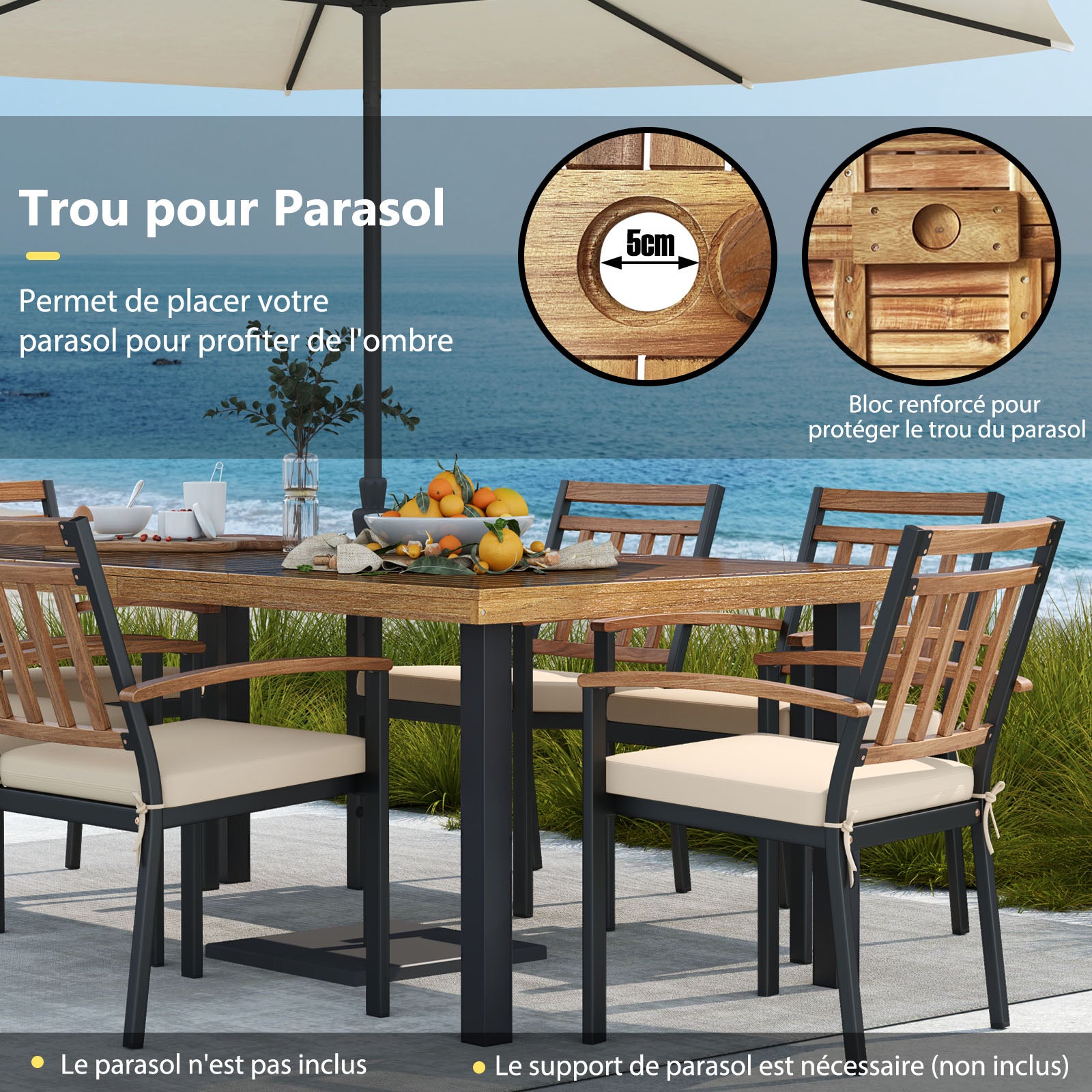 Table à Manger Extérieur en Bois d'Acacia Certifié FSC pour 8 Personnes, Table 200x100 cm avec Trou pour Parasol 5 cm, Pied en Métal - 5