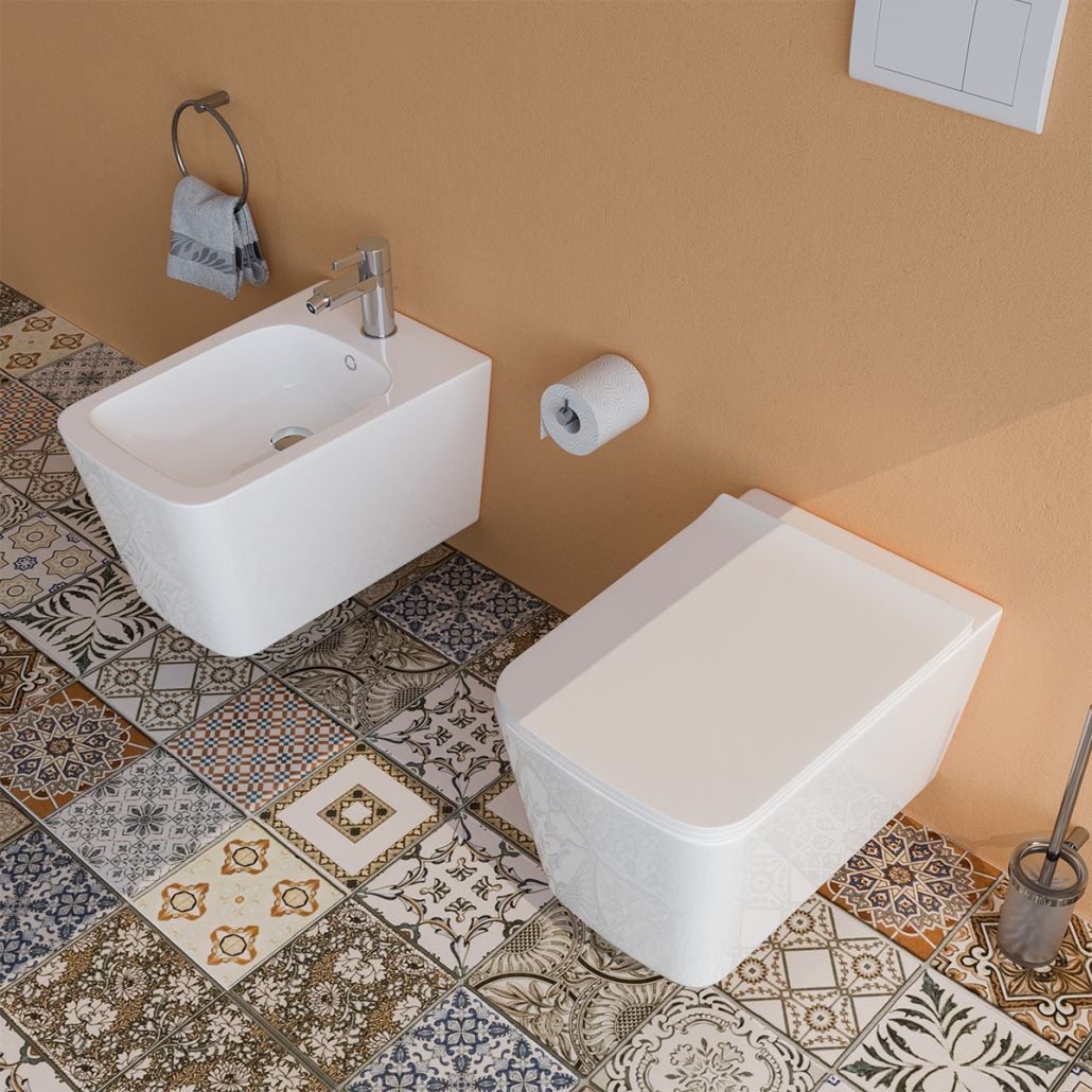 Sanitari bagno Bidet e Vaso WC SOSPESI filomuro RIMLESS in ceramica con sedile coprivaso softclose CUBE - 4