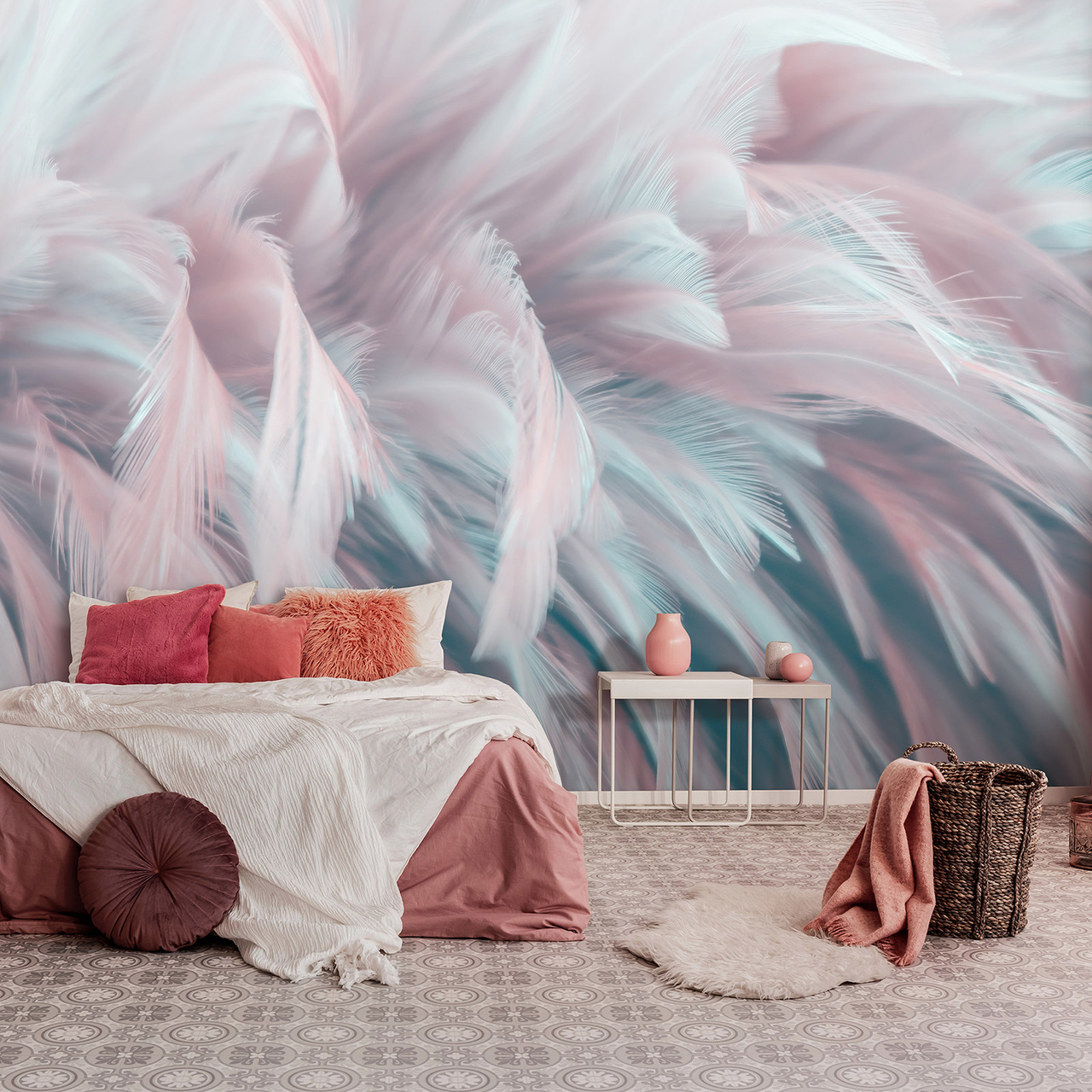 Papier Peint Intissé Panoramique Plumes 3D Effet 368x254 cm - Colle Inclus - Chambre et Salon - Moderne Trompe l'oeil - 2