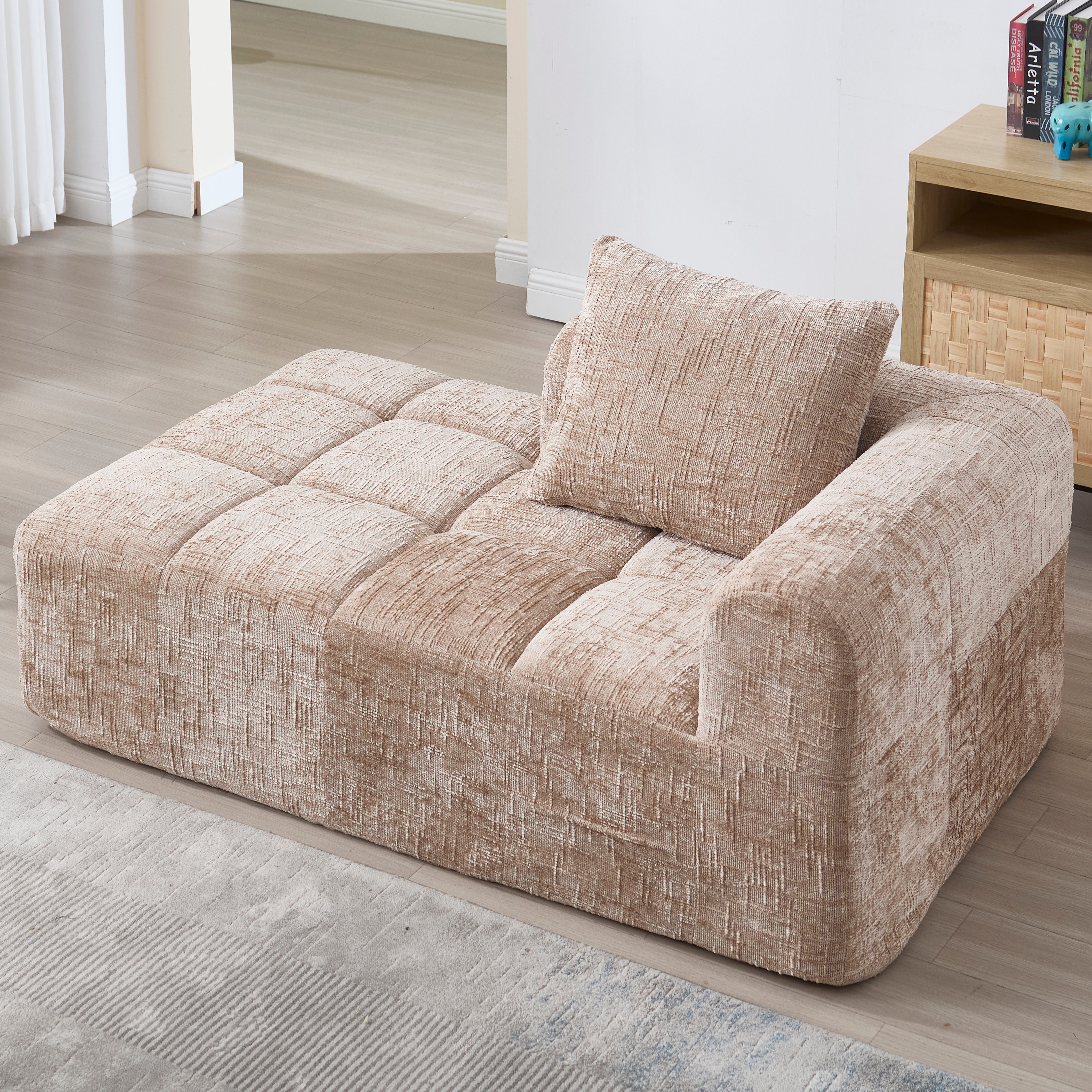 Sofa 2-osobowa z jedną poduszką i kieszenią boczną - Szezlong - 158 x 90 x 60 cm - Tkanina szenilowa - Kolor khaki