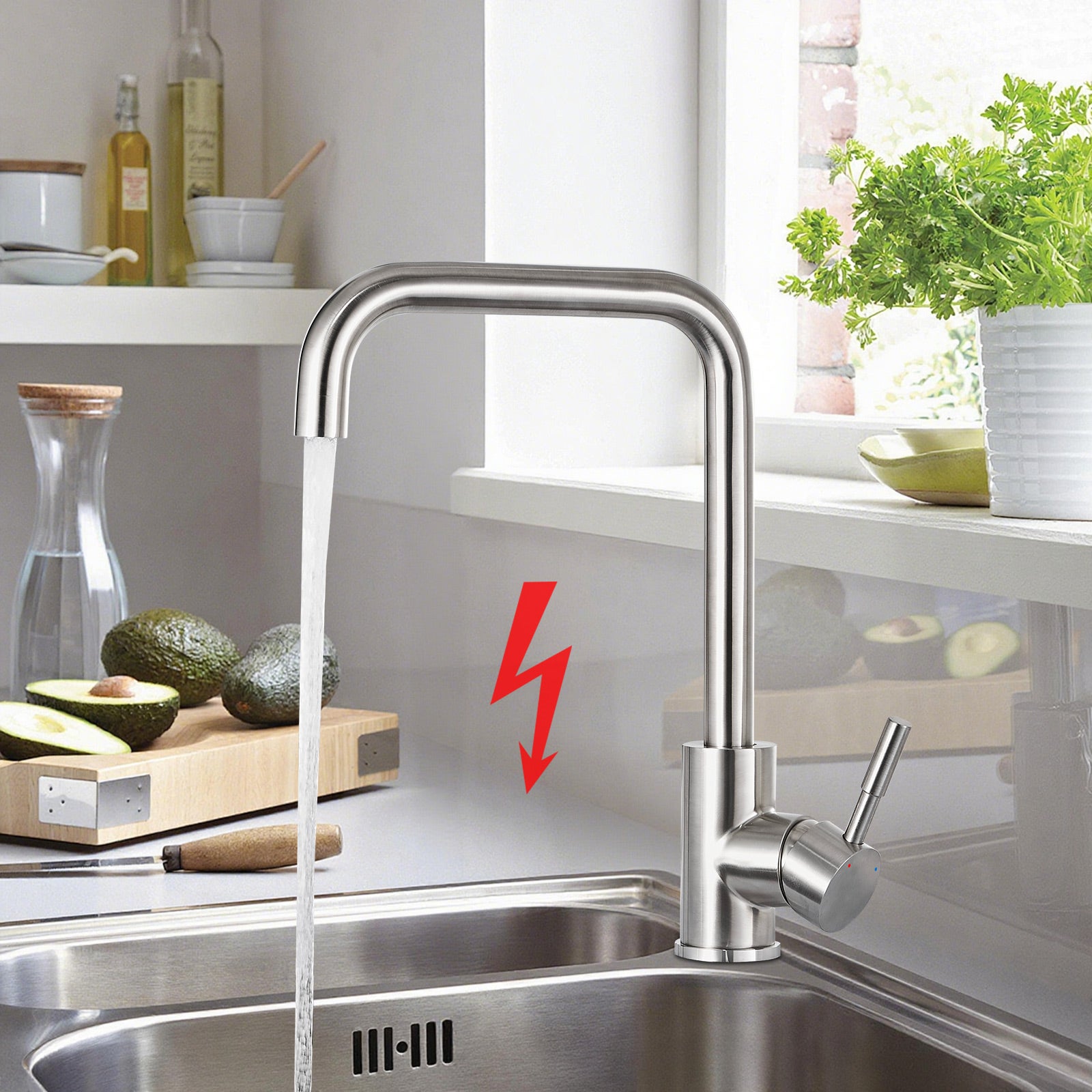 LOVHAUS Niskociśnieniowa Bateria Kuchenna, Obrót o 360°, Jednouchwytowa Bateria Kuchenna z 3 Przyłączami do Bojlera