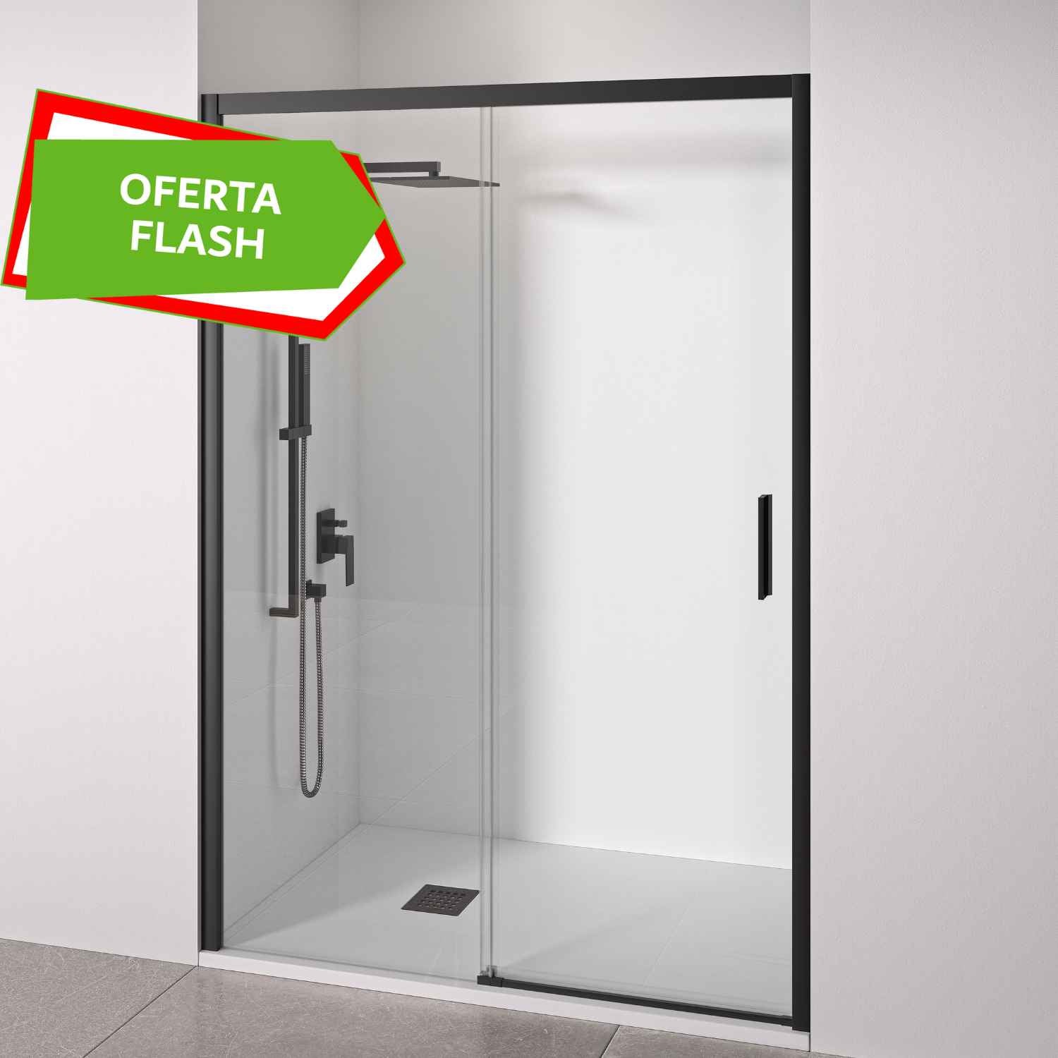 Porte De Douche Coulissante Idralite Prime - 150cm X 198cm, Verre 8mm Transparent, Gauche, Finition Noire, Anticalcaire, Neuve