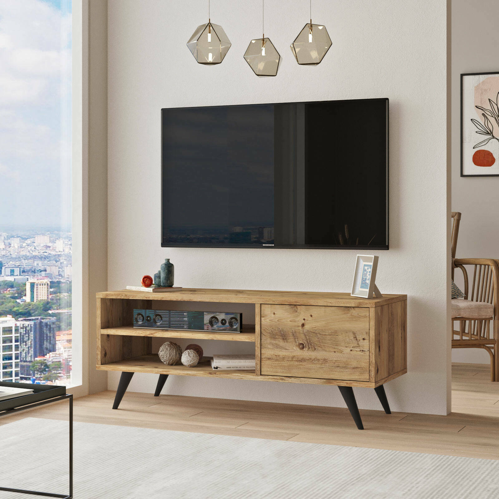 Dmora Meuble TV Pegasus Buffet Salon 110x30x40cm Chêne - Armoire Basse Rangement TV