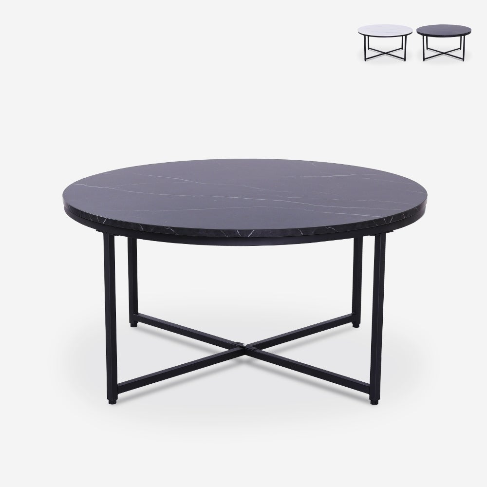Tavolino Salotto Rotondo In Finto Marmo Bianco E Oro - Struttura Metallo, 80x80x45 Cm, Facile Montaggio