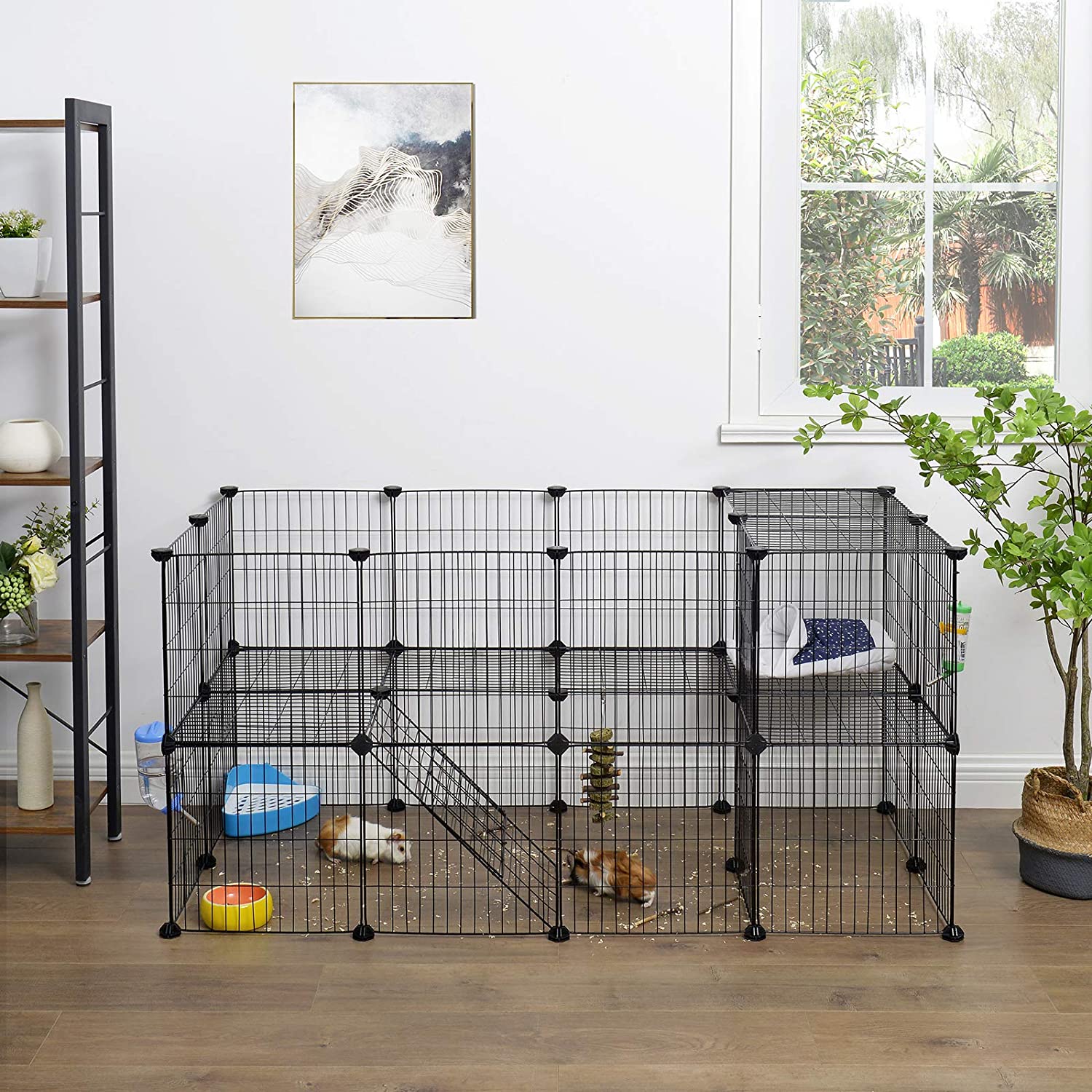 SONGMICS Clôture pour Animaux Domestiques, 2 Niveaux, Enclos Modulable, pour Petits Animaux, Hamsters, Lapins, Cochon d’Inde, 143 x 73 x 71 cm, Noir - 2