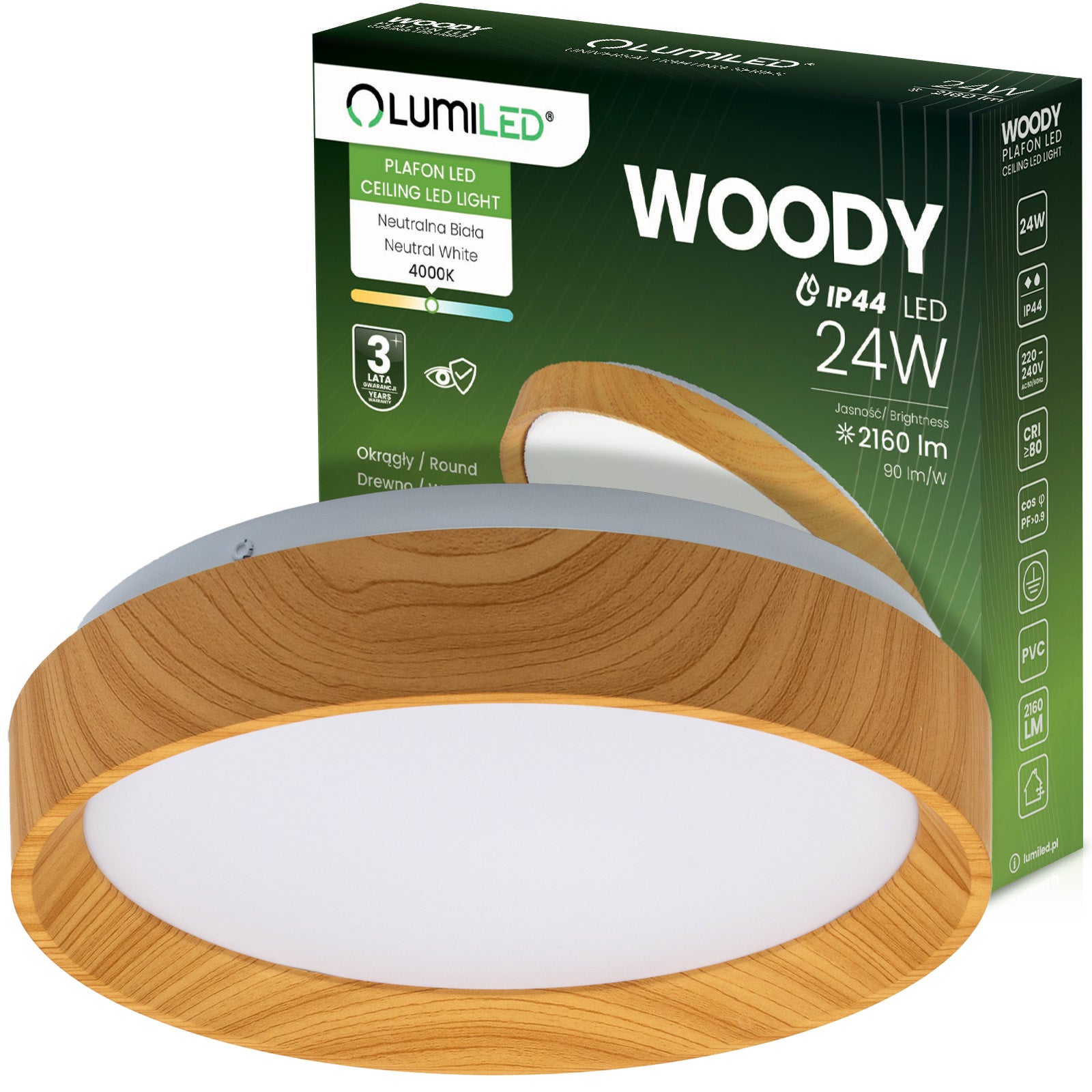 Plafon LED Lumiled Lampa Sufitowa Natynkowa Drewno PVC 24W 4000K Neutralna biel Okrągły IP44 32cm 1 szt.