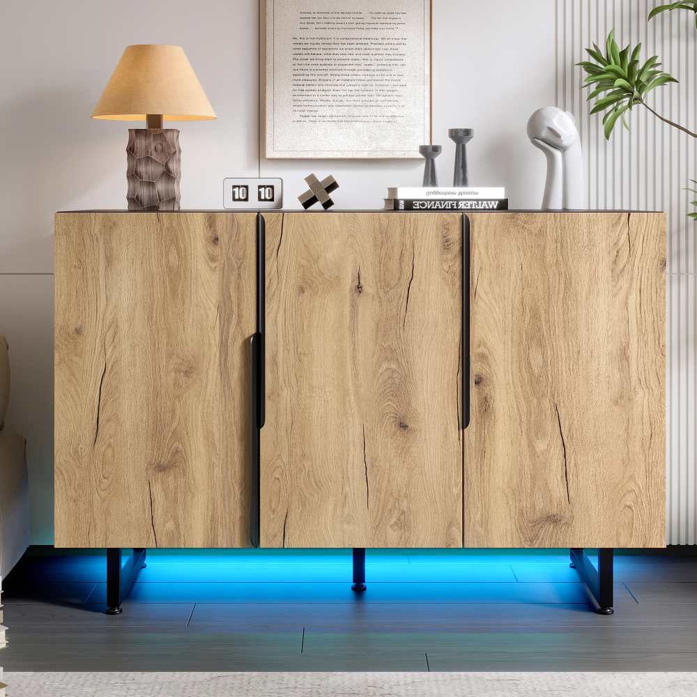 Komoda w stylu retro ze zintegrowanym oświetleniem LED, solidna płyta PB i metalowa komoda, regulowane półki i regulowane nóżki