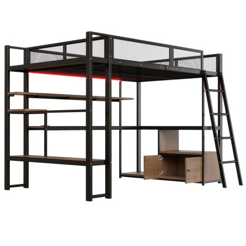 Lit Mezzanine 2 Place avec LED, Lit Superposé Enfant 140x200 avec fnombreux rangements et poste de travail intégré,Noir(Sans Matelas) - 6