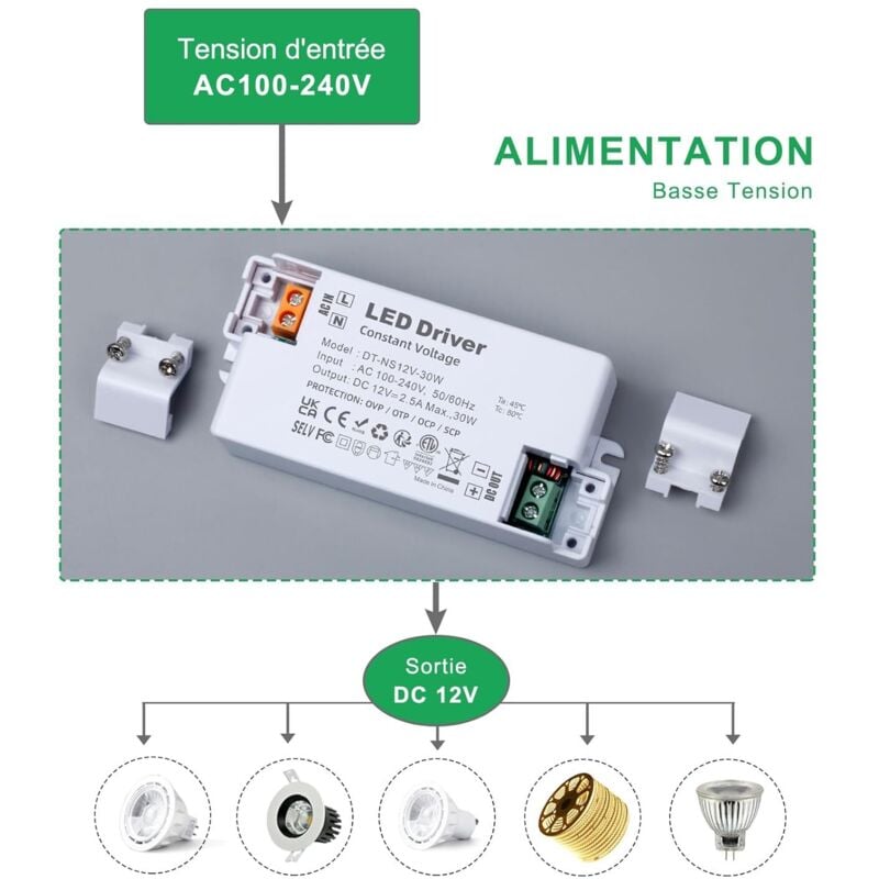 Transformateur LED 12V 30W - Alimentation Basse Tension, 220V à 12V, Compatible Bandes Leds et Projecteurs - 4
