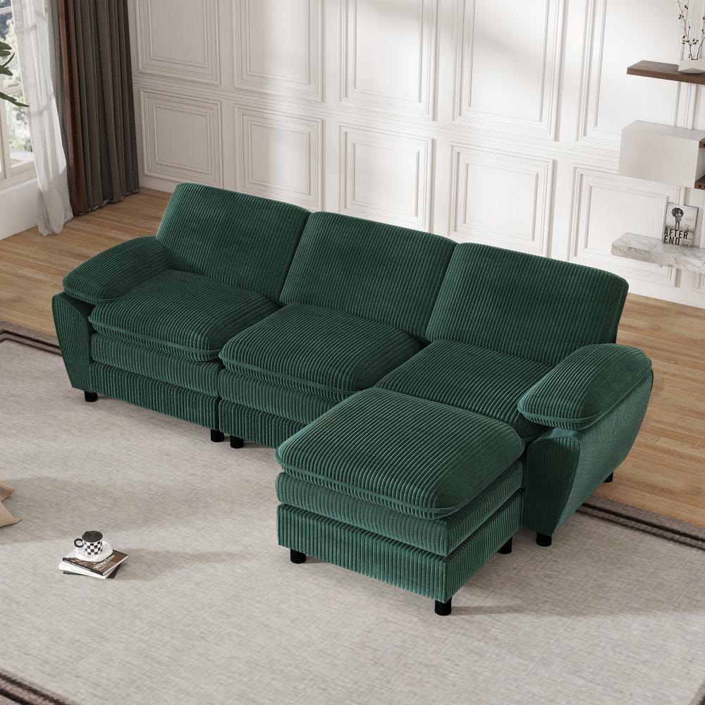 Modułowa sofa w kształcie litery L z wyjmowanym pufem, miękkim aksamitem, solidną drewnianą ramą i wyjmowanymi poduszkami.