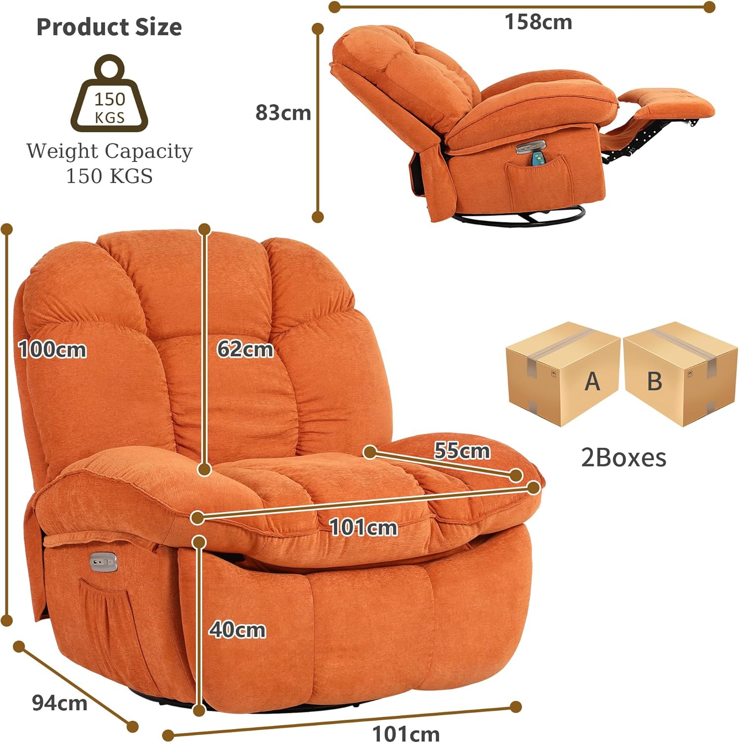 Fauteuil inclinable de Relaxation électrique, Chaise de Loisirs Fonction de Chauffage de Vibration, Connecteur Type C & USB(Orange) - 2