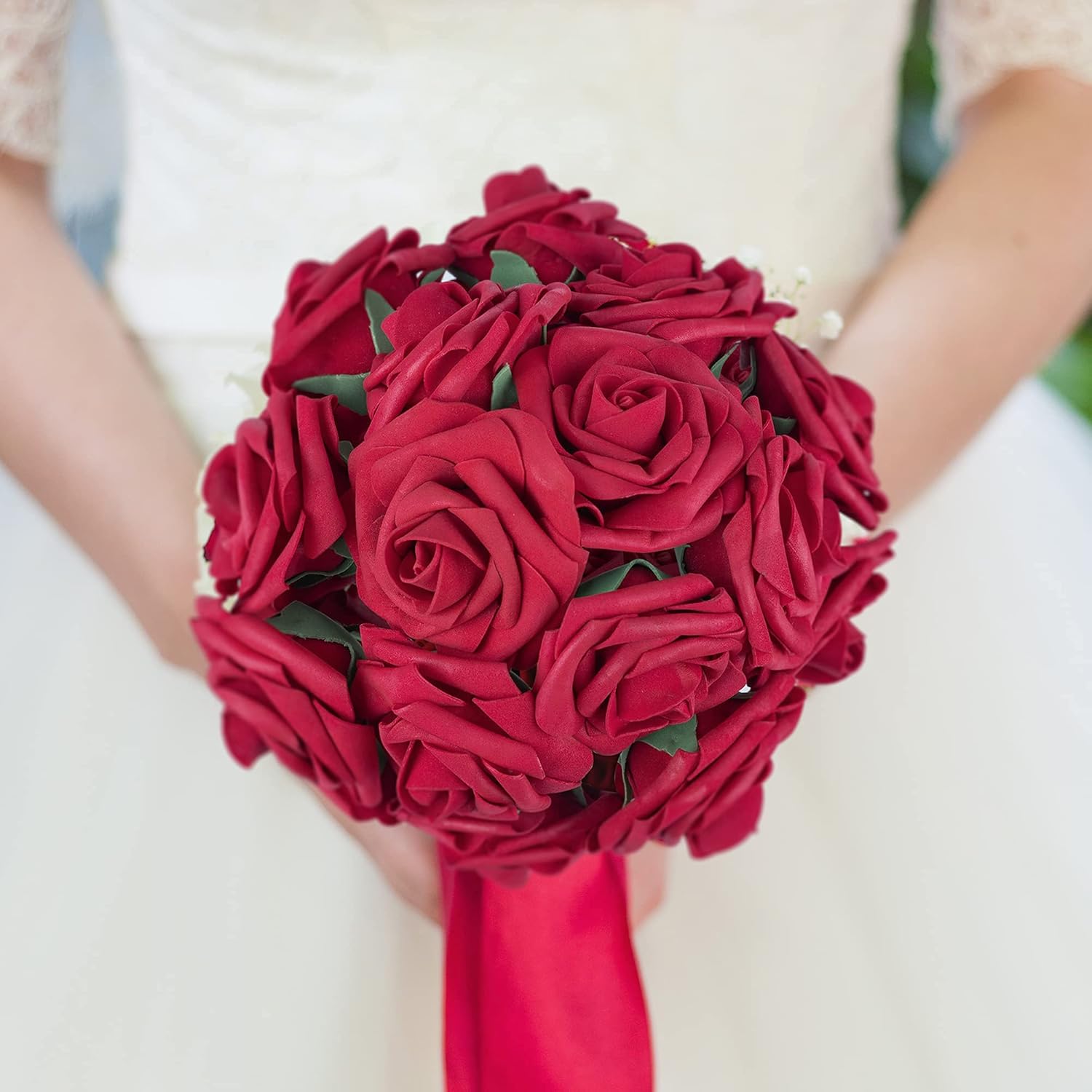 50Pcs Rouges Roses Fleurs Artificielles, Rouge Foncé Roses Latex Faux Roses avec Tige DIY pour Mariage Mariée Bouquets Centres no leaves - 7