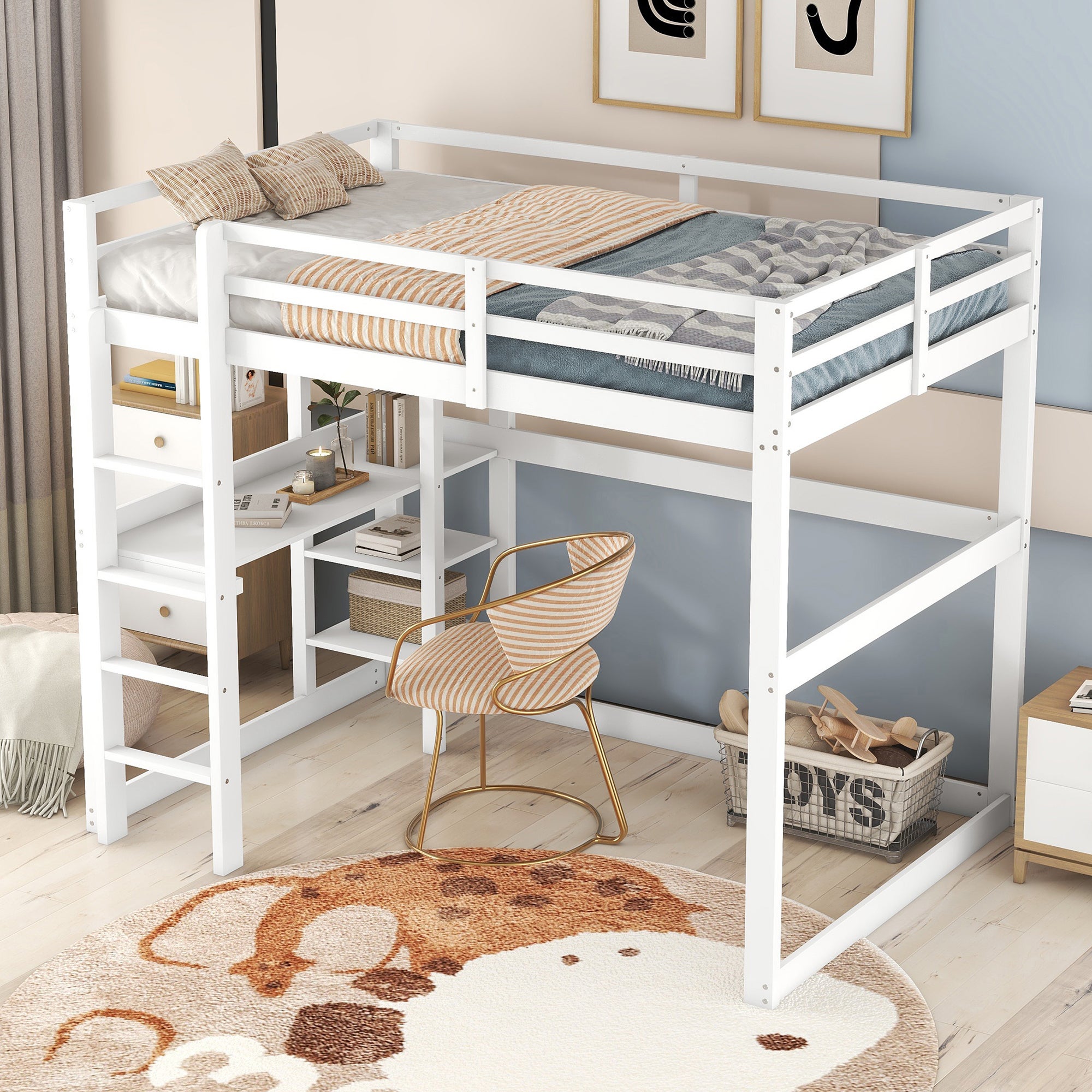 Moimhear Letto in metallo, letto a soppalco con scrivania e due librerie, per bambini, ragazzi e adulti, 140 x 200 cm, nero