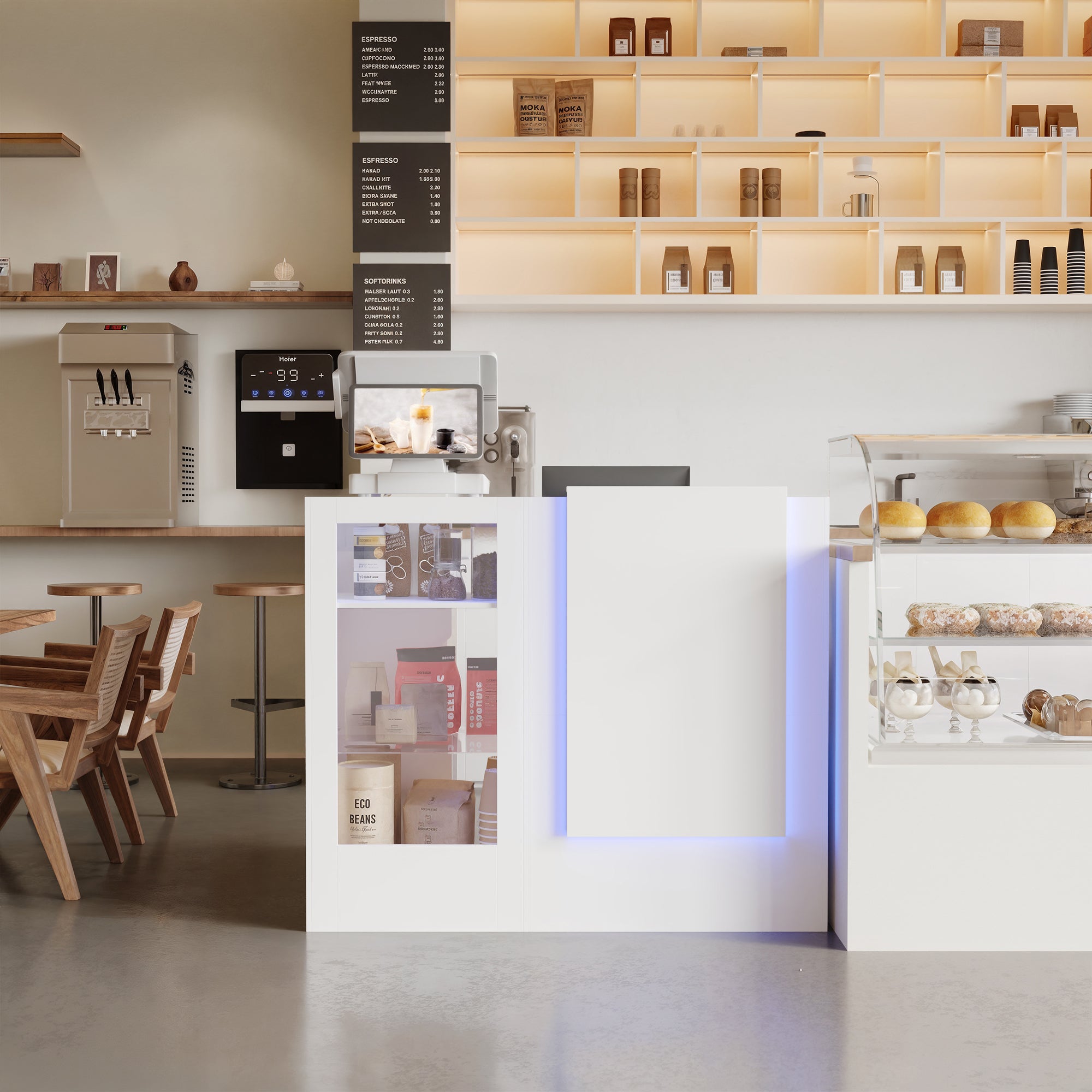 Bureau d’Accueil en Forme L, Compartiments et Étagères en Verre , Comptoir de Réception à Éclairage LED, Bureau,120x100x103, Blanc - 6