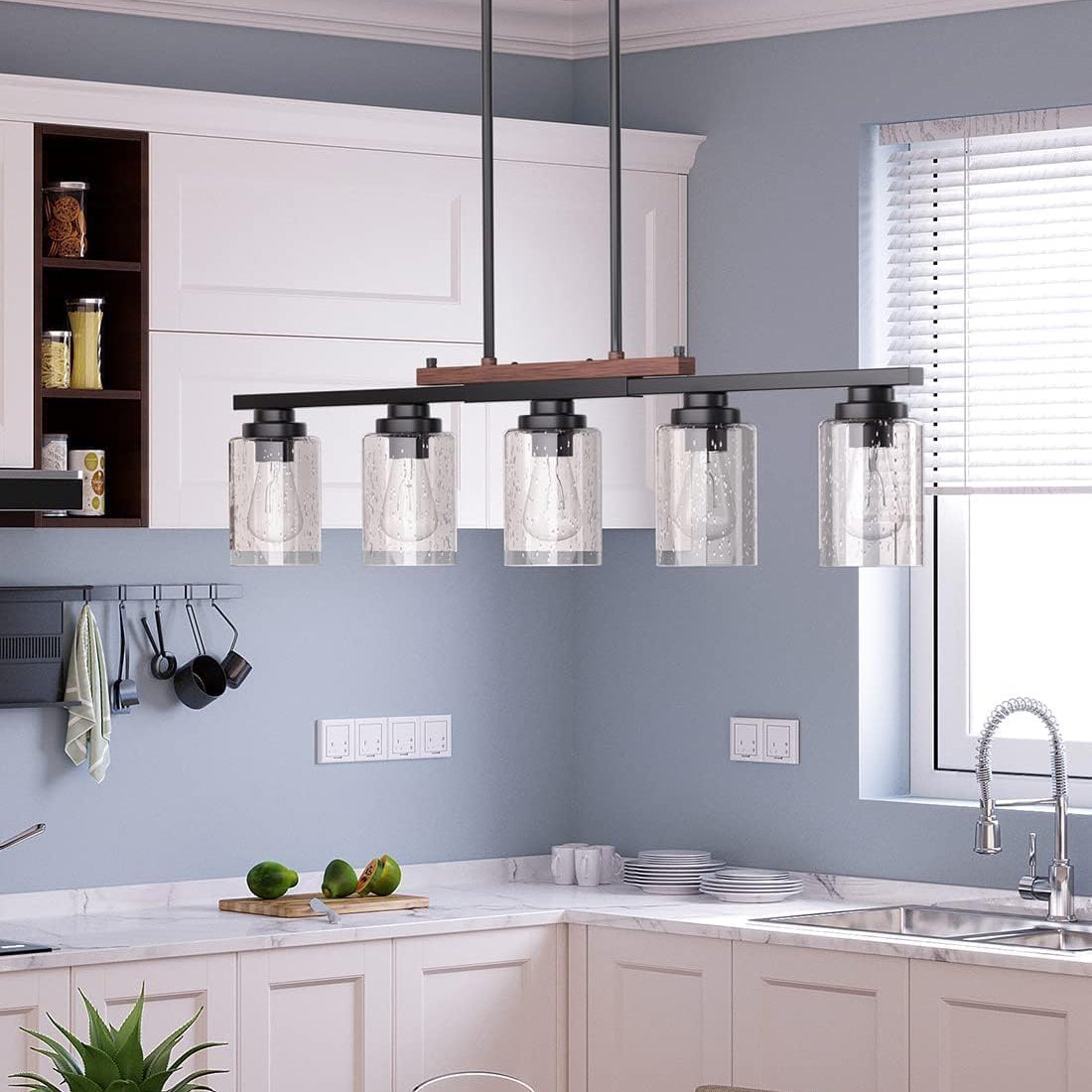 Lustre de cuisine 5 lumières avec tiges réglables, décoration rustique, suspension en métal avec abat-jour en verre, luminaires pour îlot de cuisine - 7