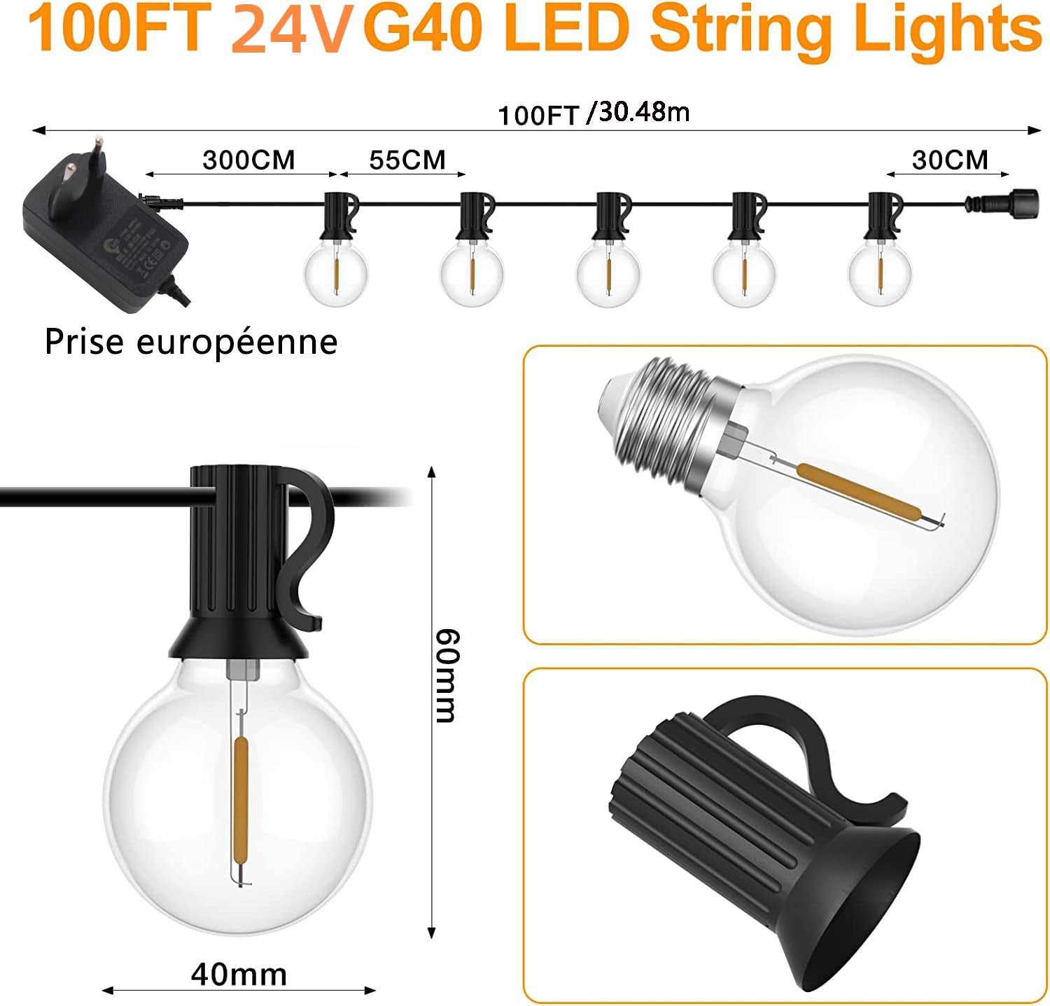 Guirlande lumineuse extérieure 30M, lumière de jardin avec 50+2 ampoules LED G40 IP44 étanche, adaptée pour terrasse, mariage - 4