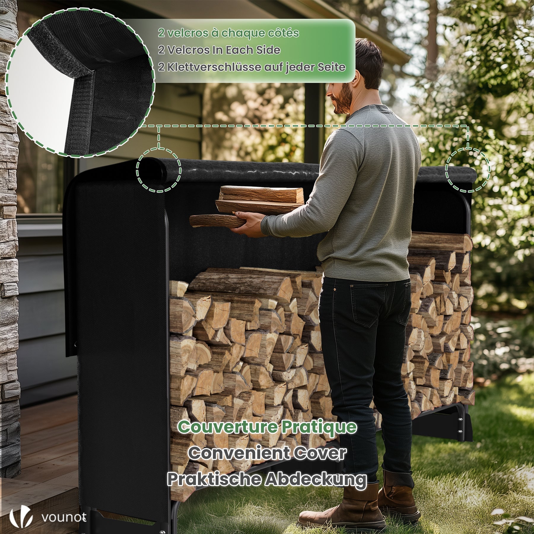 Abri range-bûches 2m avec housse noire - Serre bûche en métal - Support bois de chauffage pour cheminée et extérieur - VOUNOT® - 4