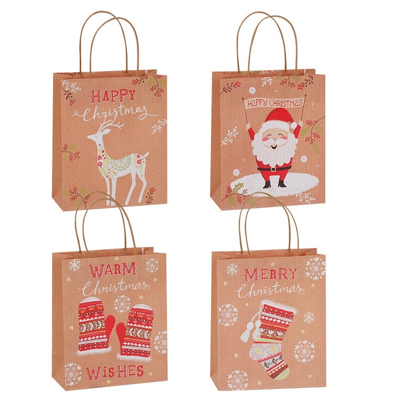 GWHOLE Lot De 12 Sacs Cadeaux Noël Papier Kraft Avec Poignées - 26x21x10 Cm - Emballage Festif Père Noël