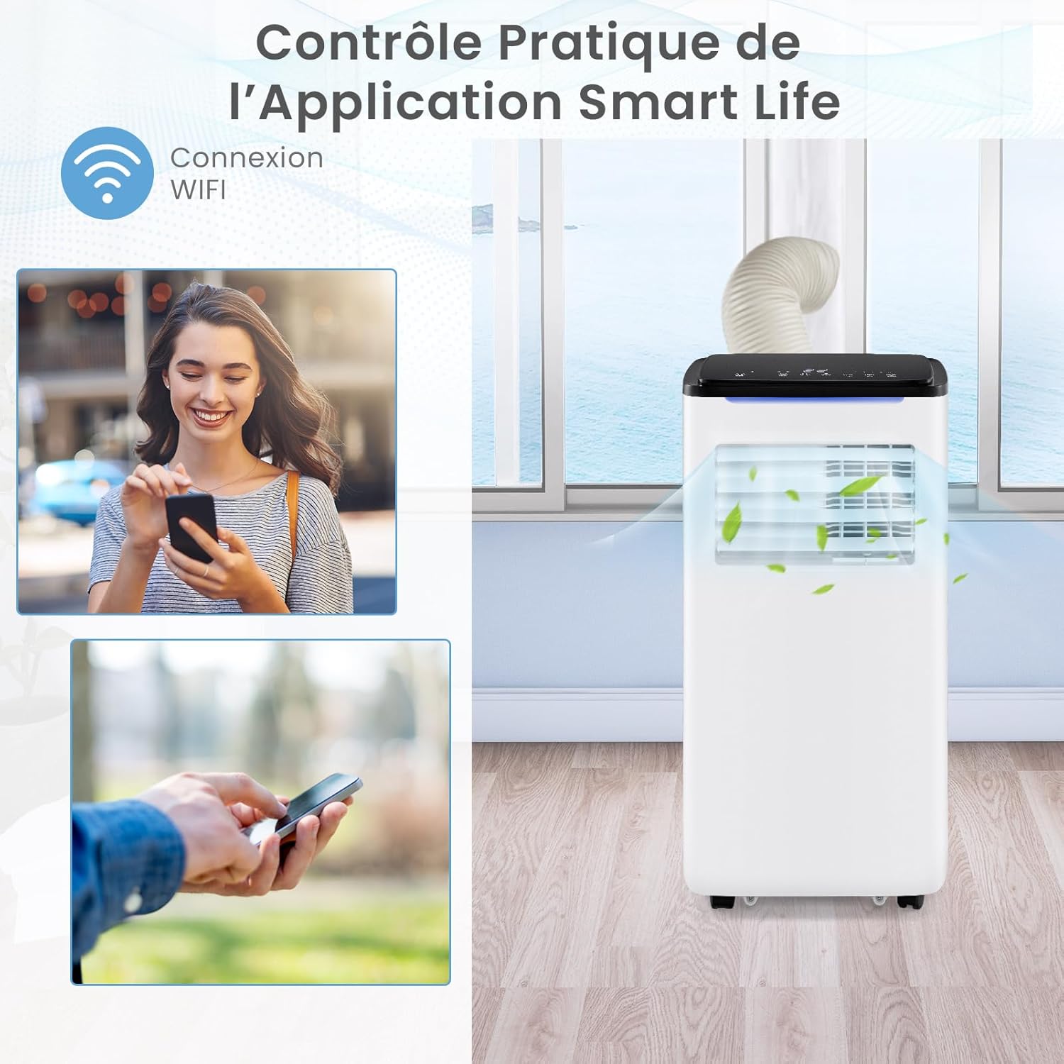 9000 BTU Climatiseur Portable 5 en 1, Refroidissement, Ventilateur, Chauffage, Déshumidificateur, Climatisation Mobile Intelligente Minuterie 24 h - 7