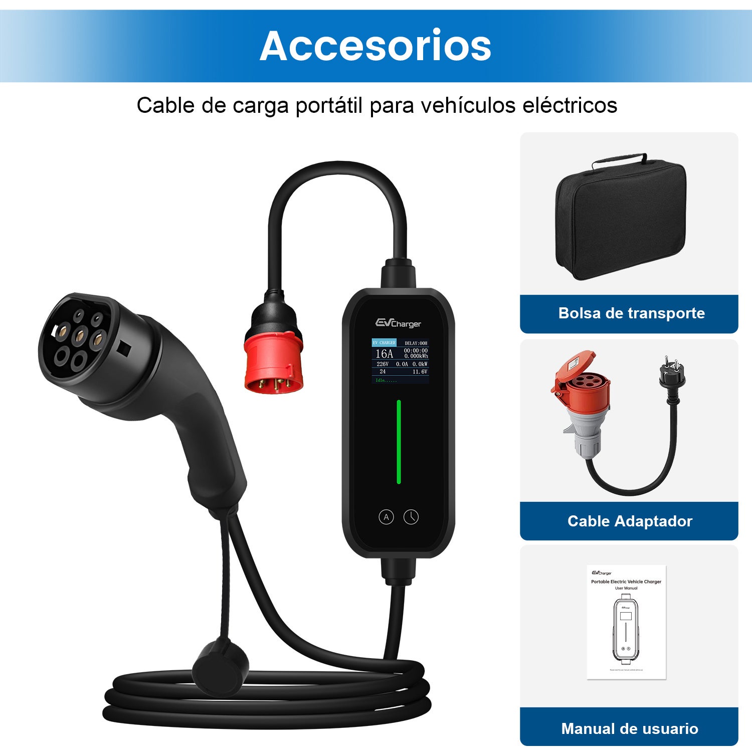 Carregador para Veículos Elétricos 11 kW 16A Trifásico Tipo 2 - Cabo de 6m com tomada CEE 7/7 Adaptador, LCD, Certificação IEC62196 & IP65 - 9