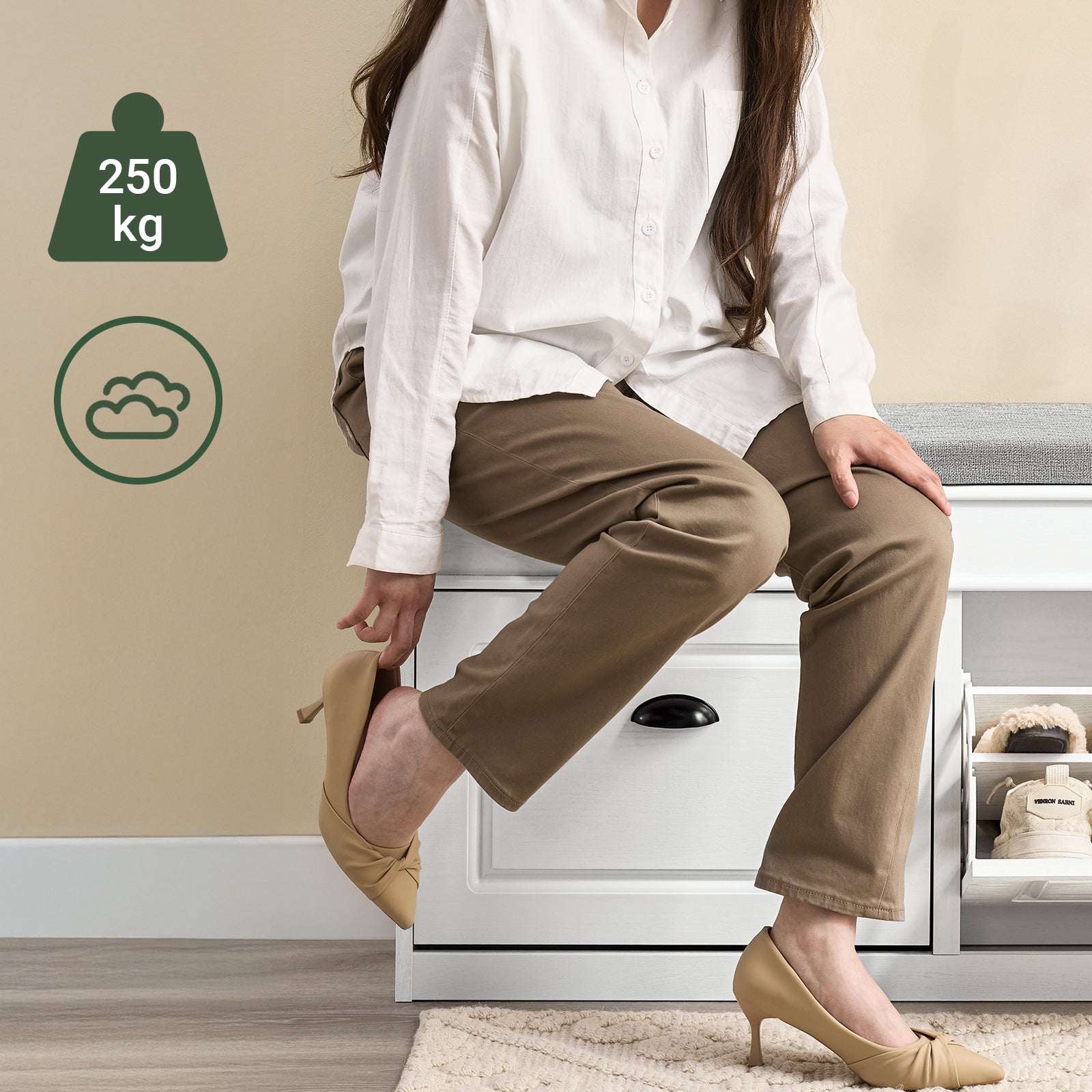 SoBuy Meuble Chaussure Rangement Chaussure Banc Chaussures Entrée - 2 Abattants avec Coussin Amovible, 104x24x51cm, Blanc, FSR64-WG - 7