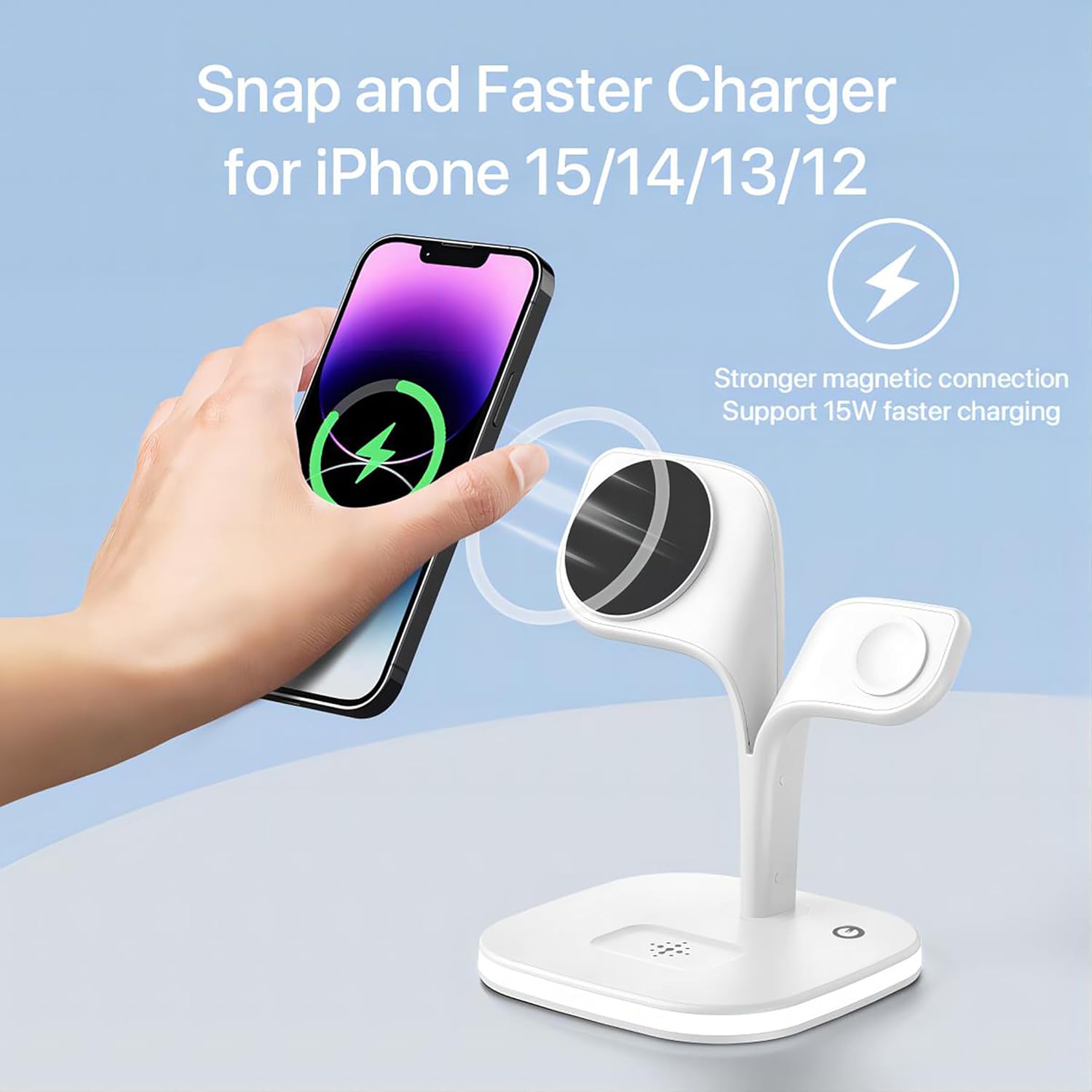 CARICATORE MAGSAFE CELLULARLINE Mag Trio da 15W, Stazione di Ricarica Wireless 3in1 con Qi2, 15W per Smartphone, Auricolari e Smartwatch, Bianco
