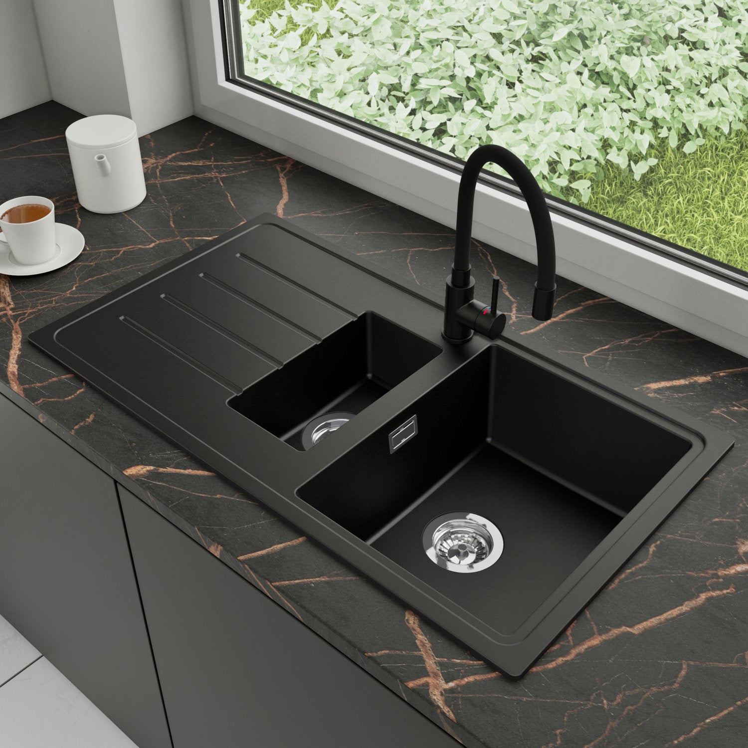 Zlewozmywak Granitowy 90x50cm, do szafki od 60cm + Bateria + Syfon - Ametyst Czarny STONESTYLE