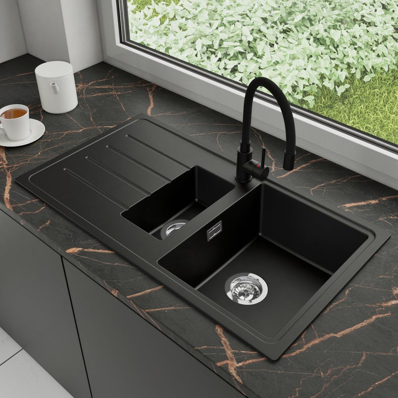 Zlewozmywak Granitowy 90x50cm, do szafki od 60cm + Bateria + Syfon - Ametyst Czarny STONESTYLE