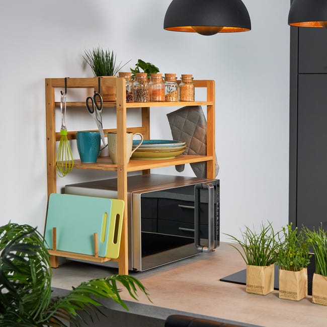 Scaffale Per Microonde Relaxdays A 2 Ripiani: In Bambù E Acciaio, 67x61x35 Cm, Con Ganci E Supporto Tagliere - Per Cucina Salvaspazio