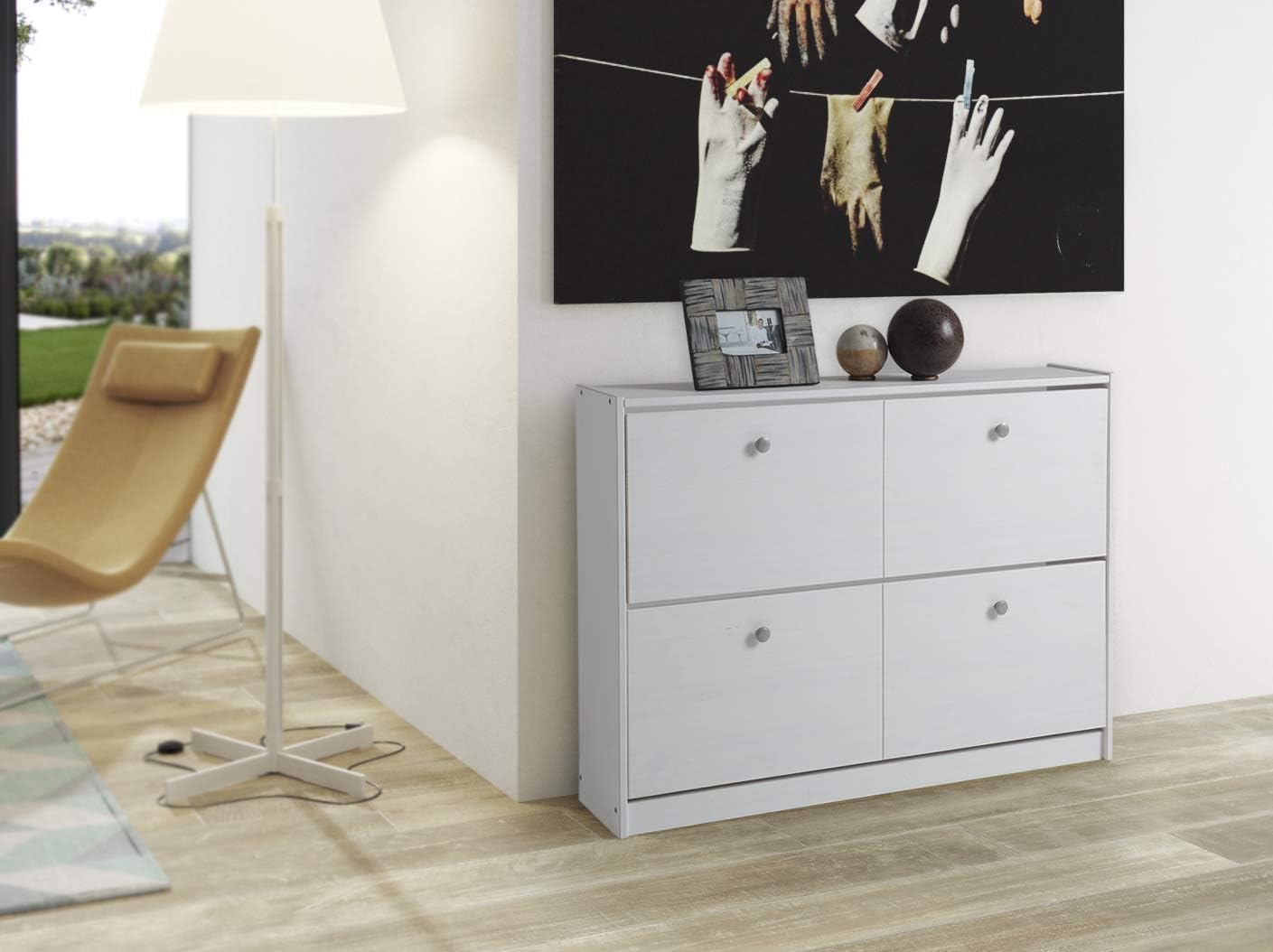 placard à chaussures , 2 portes tabac blanc pin massif , couleur blanc translucide bois, mesure 80X110X23 (hauteur-largeur-profondeur) - 5