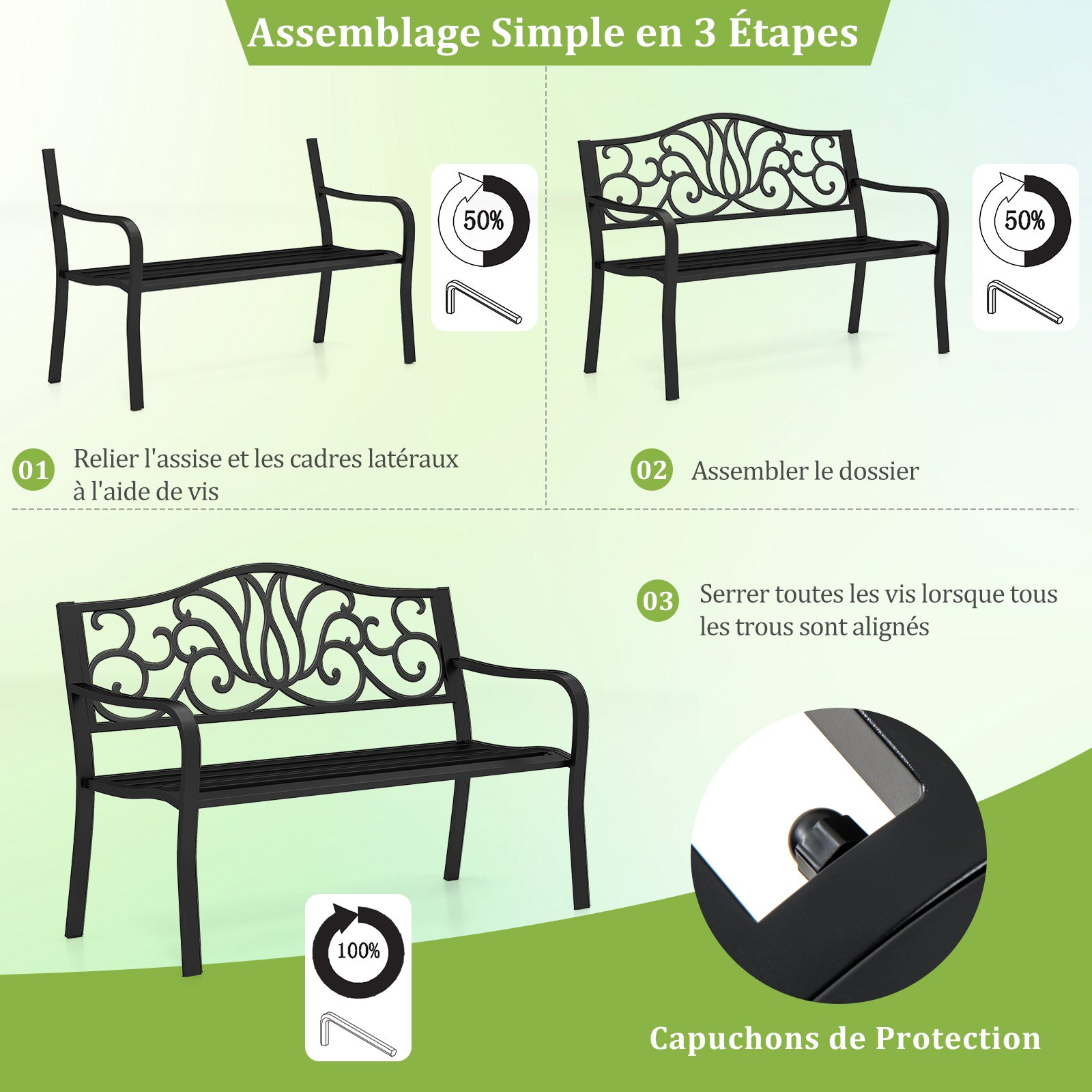 Banc de Jardin 127CM pour 2-3 Personnes, en Fonte avec Dossier à Motif Floral et Siège à Lattes, Banc de Patio avec Accoudoirs, Noir - 5