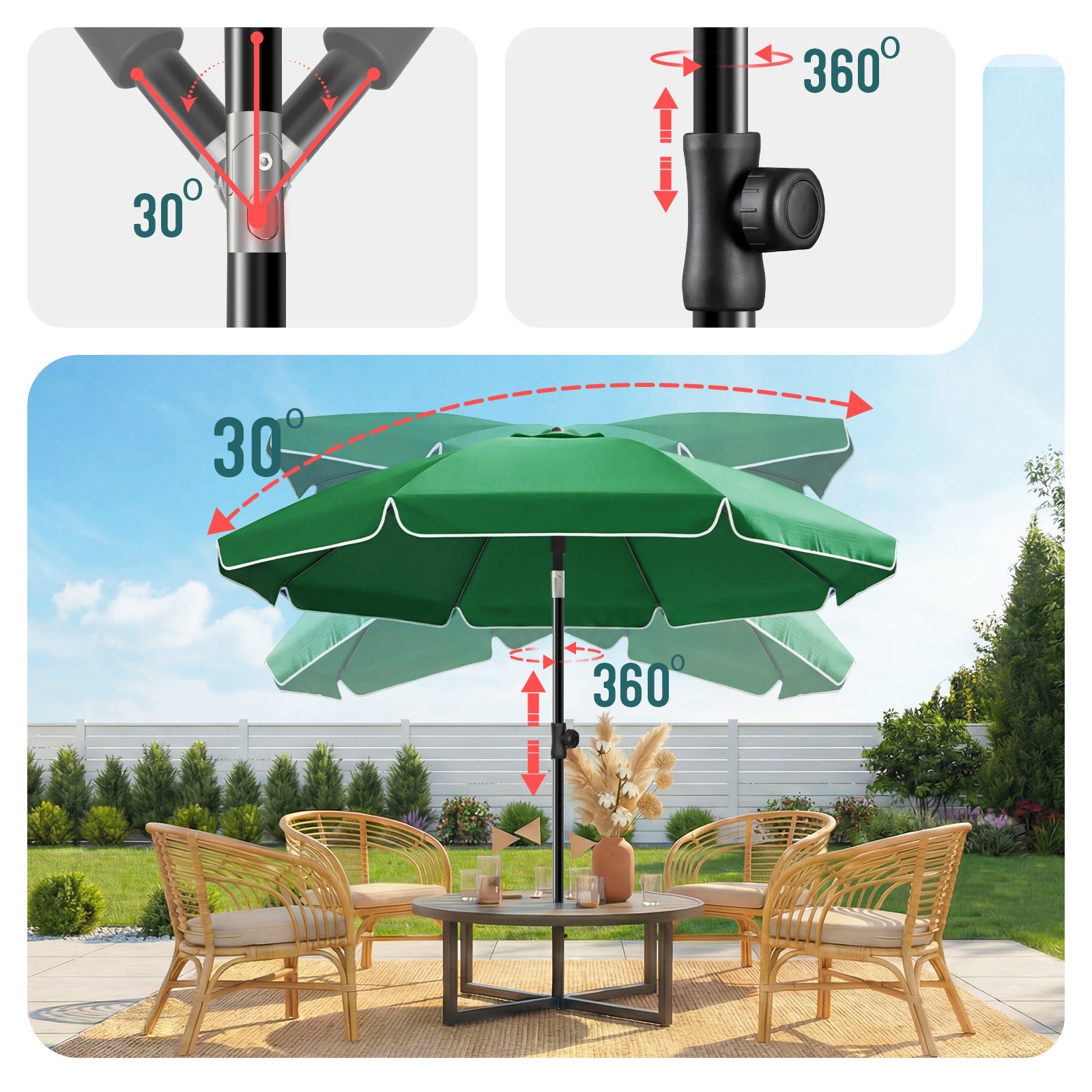 Parasol de jardin inclinable 2M avec ancrage au sol - Parasol de plage UV 50+ Vert - VOUNOT® - 5