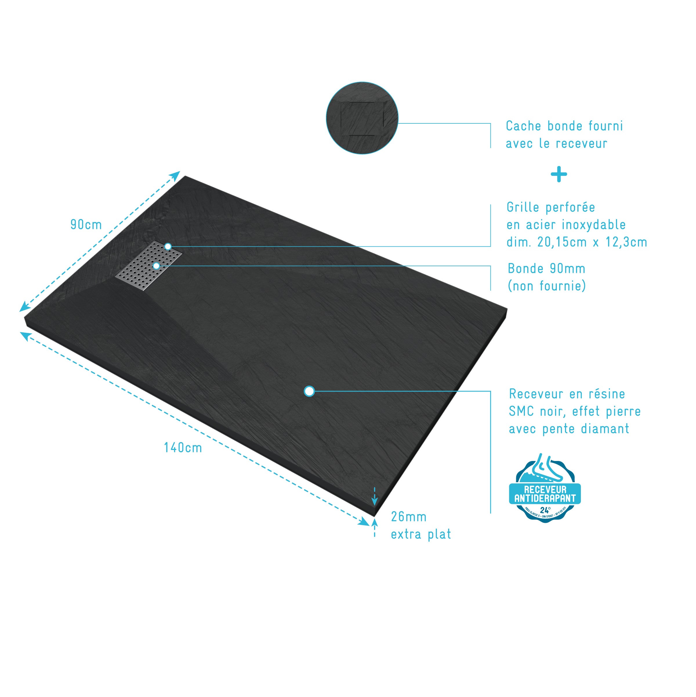 Receveur de douche Noir Effet Pierre 90x140 cm et Grille décor Perforée en Inox - 4
