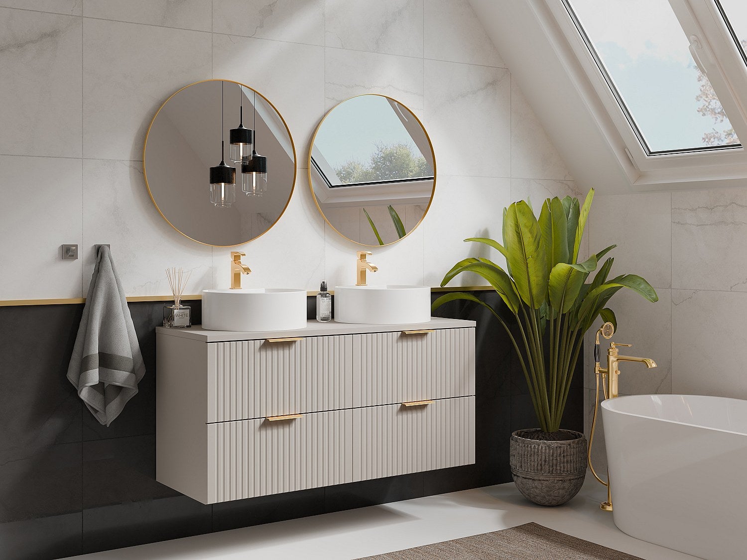 Szafka łazienkowa wisząca ryflowana z dwoma okrągłymi umywalkami nablatowymi - Beżowy - szer. 120 cm - ZEVARA