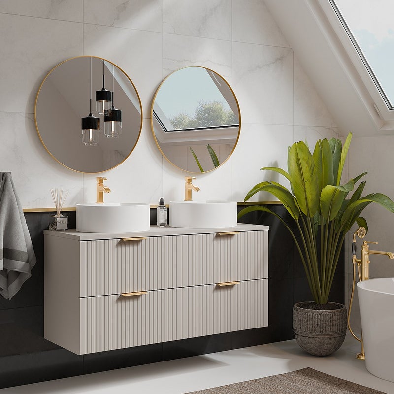 Szafka łazienkowa wisząca ryflowana z dwoma okrągłymi umywalkami nablatowymi - Beżowy - szer. 120 cm - ZEVARA