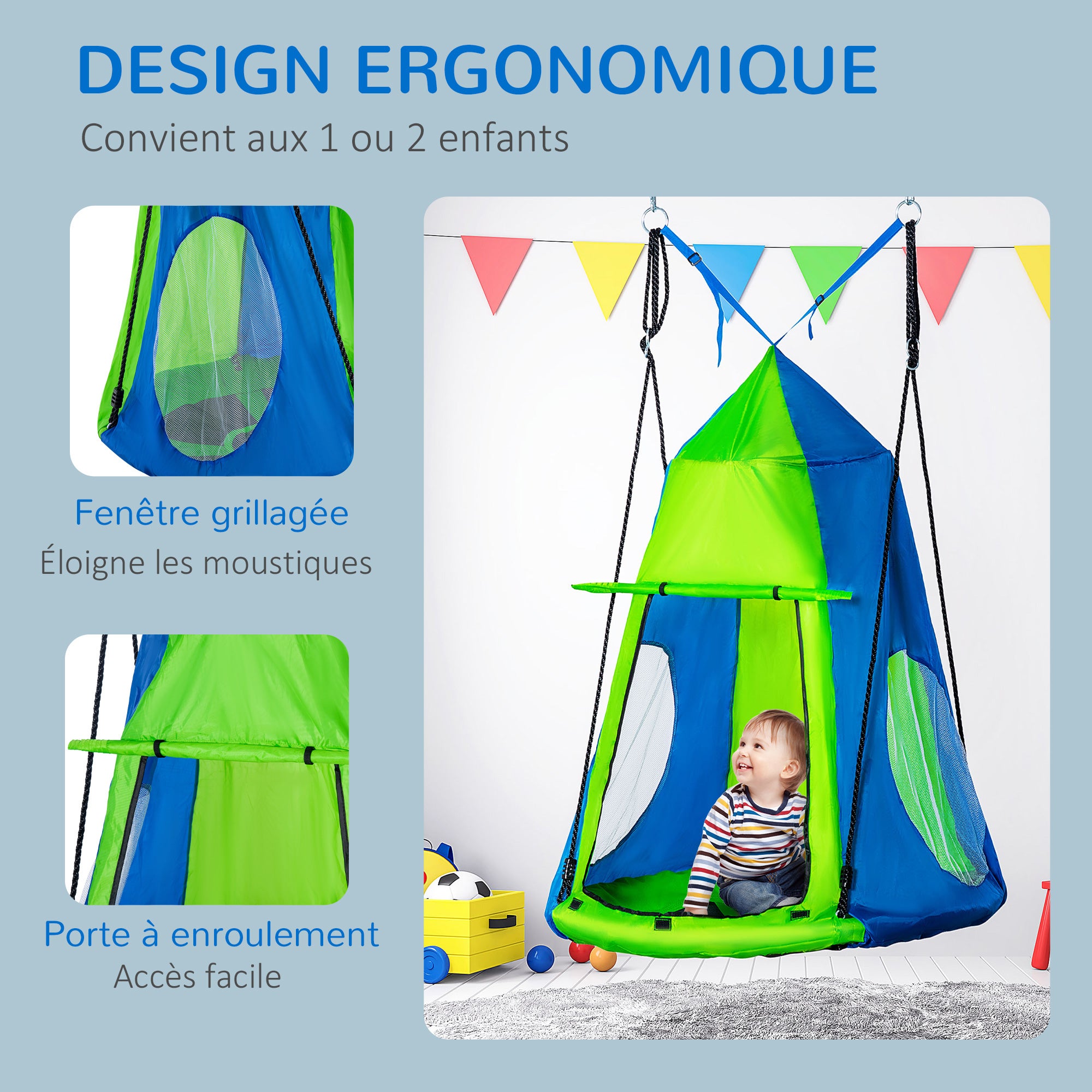 Balançoire nid d'oiseau avec tente amovible - Vert et Bleu - 6