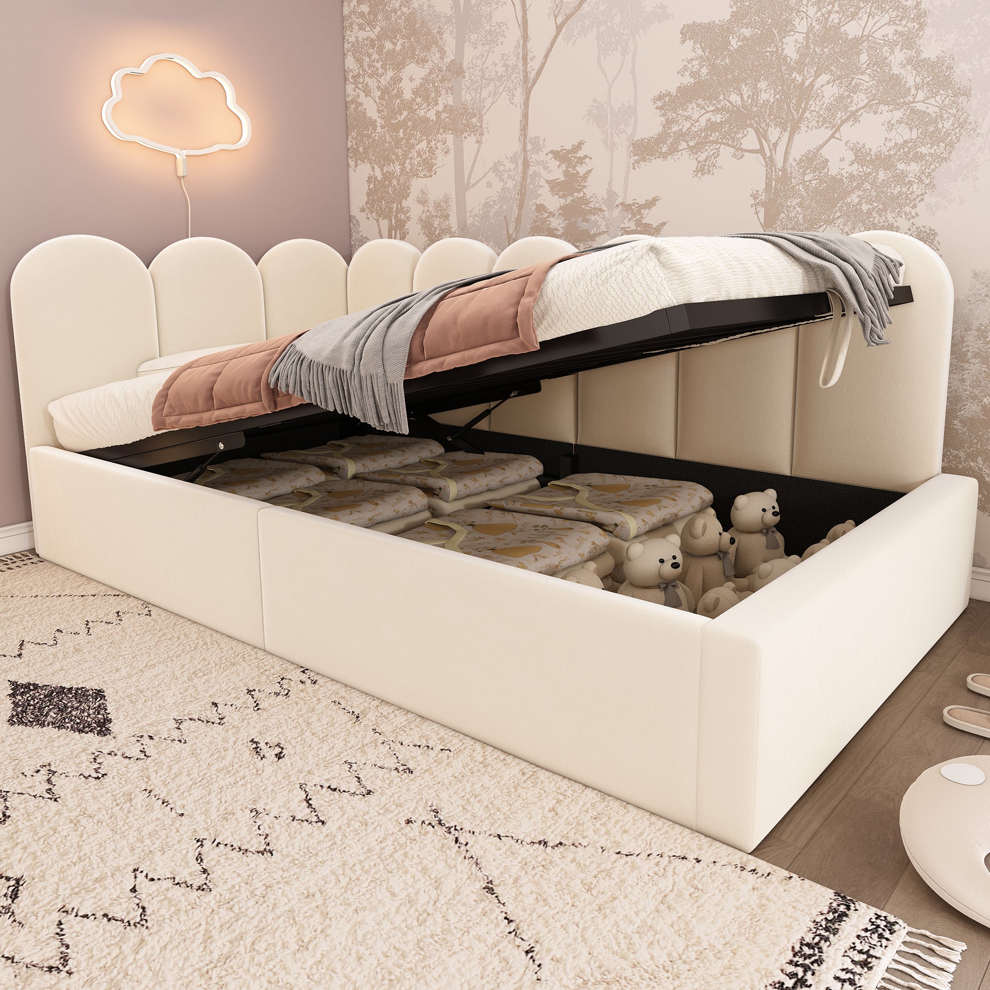 Lit coffre 90 x 190 cm avec tête de lit et dossier, canapé-lit - Velours - Sommier à lattes métalliques - Beige (sans matelas) - 5