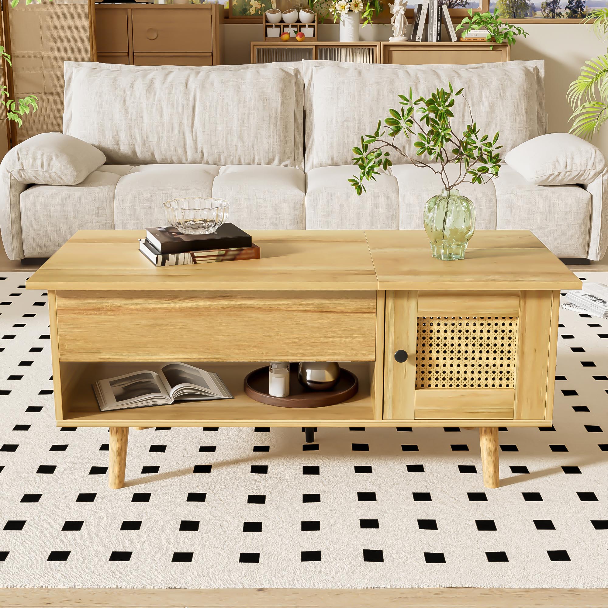 Tavolino da caffè con piano sollevabile e ante in rattan, elegante