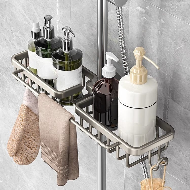 Prateleira de armazenamento para casa de banho, prateleira para barra de duche, sem perfuração, adequada para tubos de 18-28 mm - 36*13*4 cm - 4