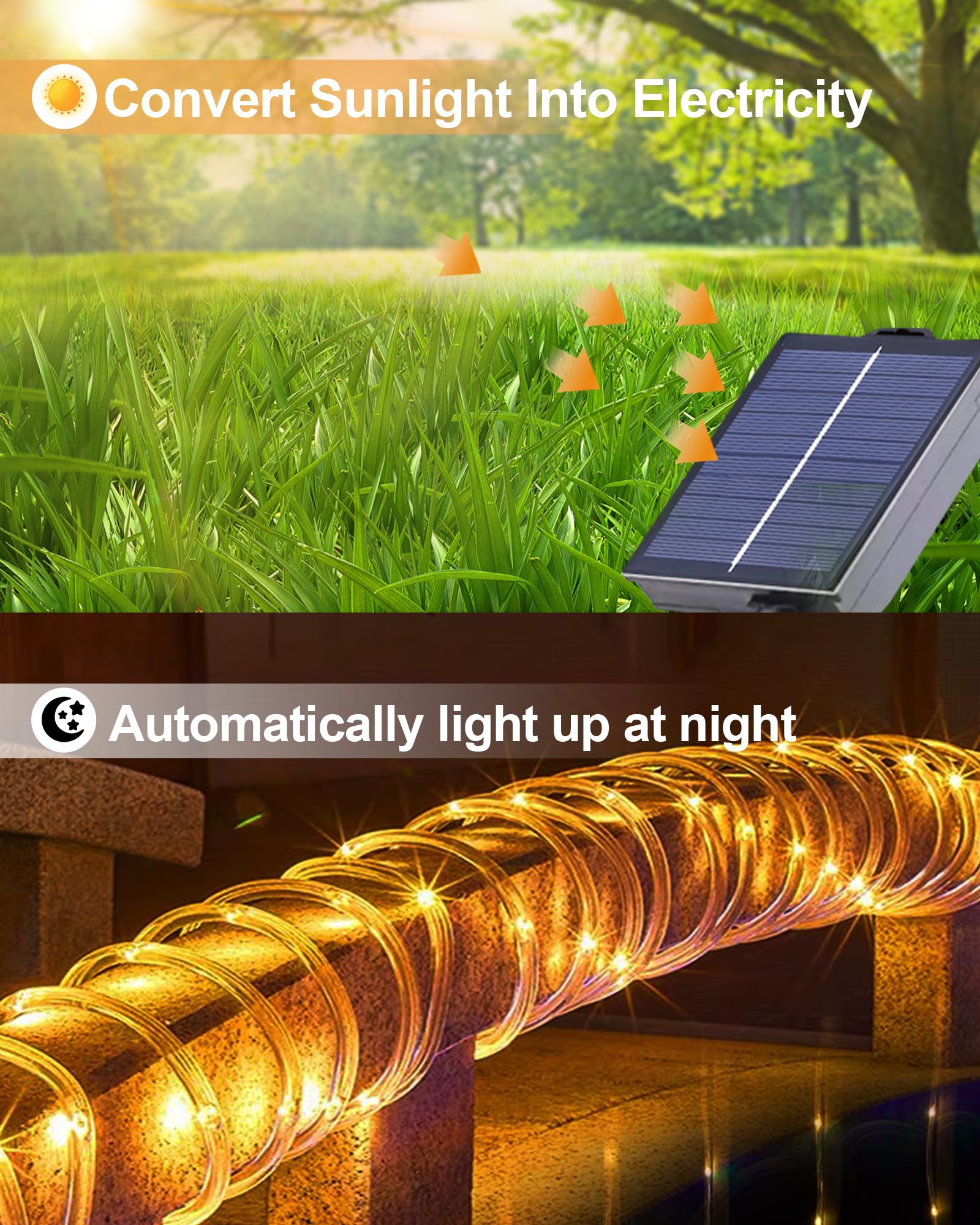 Guirlande Solaire Extérieur Tube, 12m 100 LED Guirlande Lumineuse Solaire 8 Modes, Etanche, Décoration pour Jardin, terrasse, Balcon (Blanc Chaud) - 2