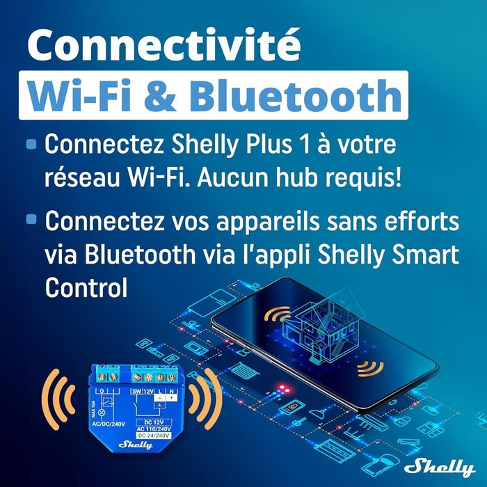Shelly Plus 1 - Relais interrupteur connecté - 16A - Wi-Fi&Bluetooth - Contacts secs - Commande distance porte de garage, éclairage - 5