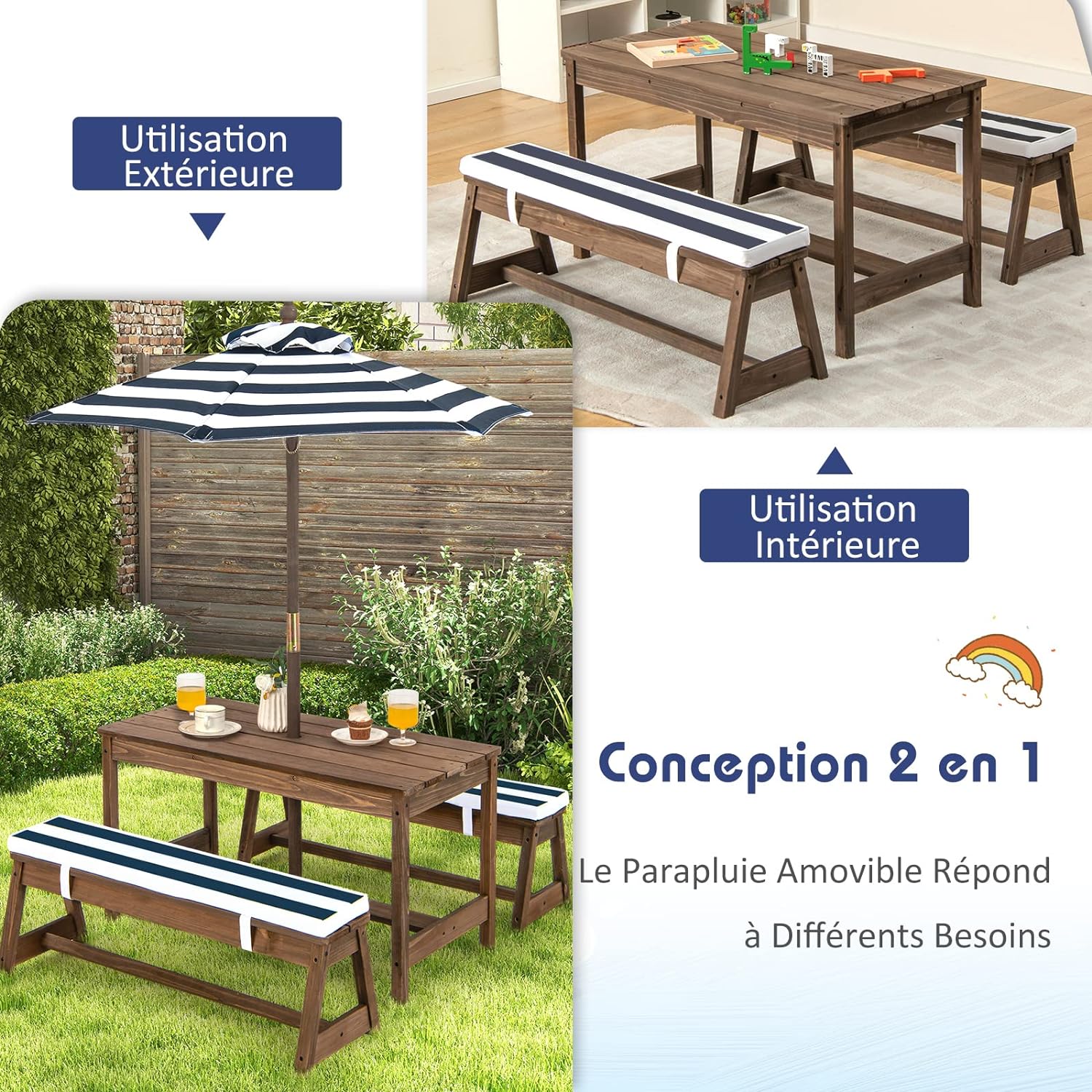 Mesa infantil de exterior, mesa de picnic infantil con sombrilla, mesa y banco de jardín, muebles de madera para 1-4 niños (azul) - 5
